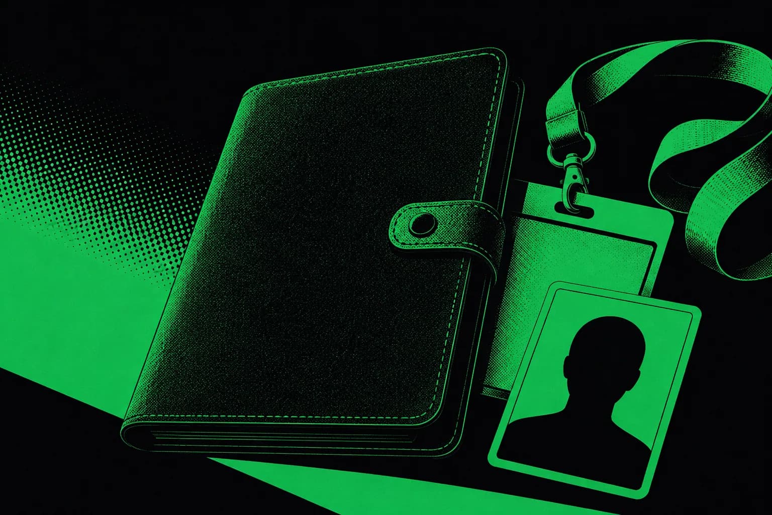 Duotone poster of a media kit, press badge and headshot in carbon black and green, representing the three authority assets that work together as one prepared set.