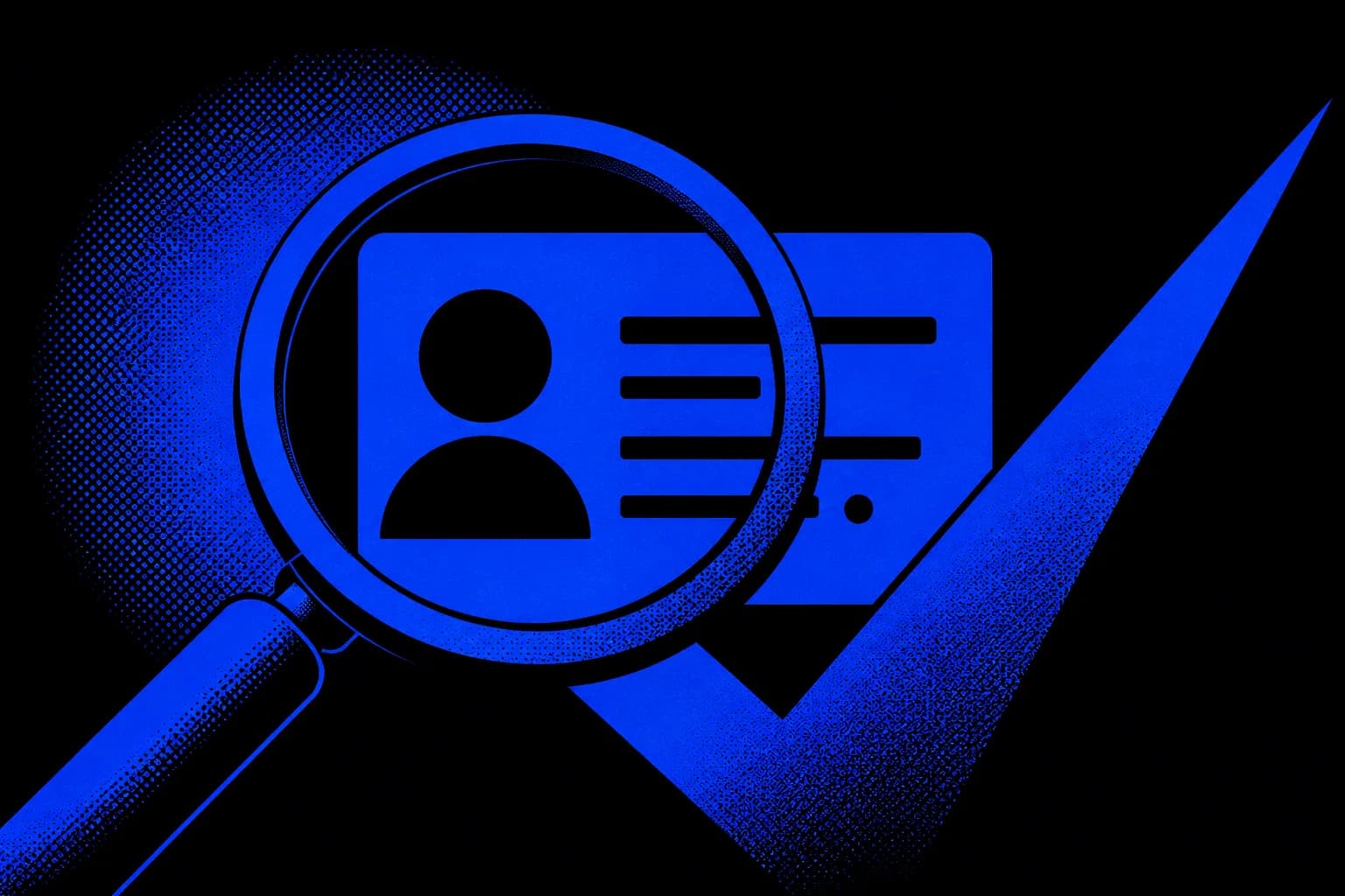Duotone poster of a magnifying glass over a profile and a check mark in carbon black and blue, representing the searchable proof buyers want to find when they search your name.