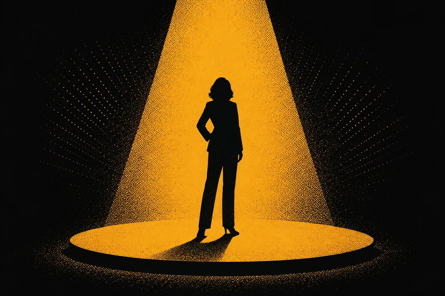 Duotone poster of a spotlight revealing a confident figure on stage in carbon black and amber, representing expertise finally made visible and recognized.