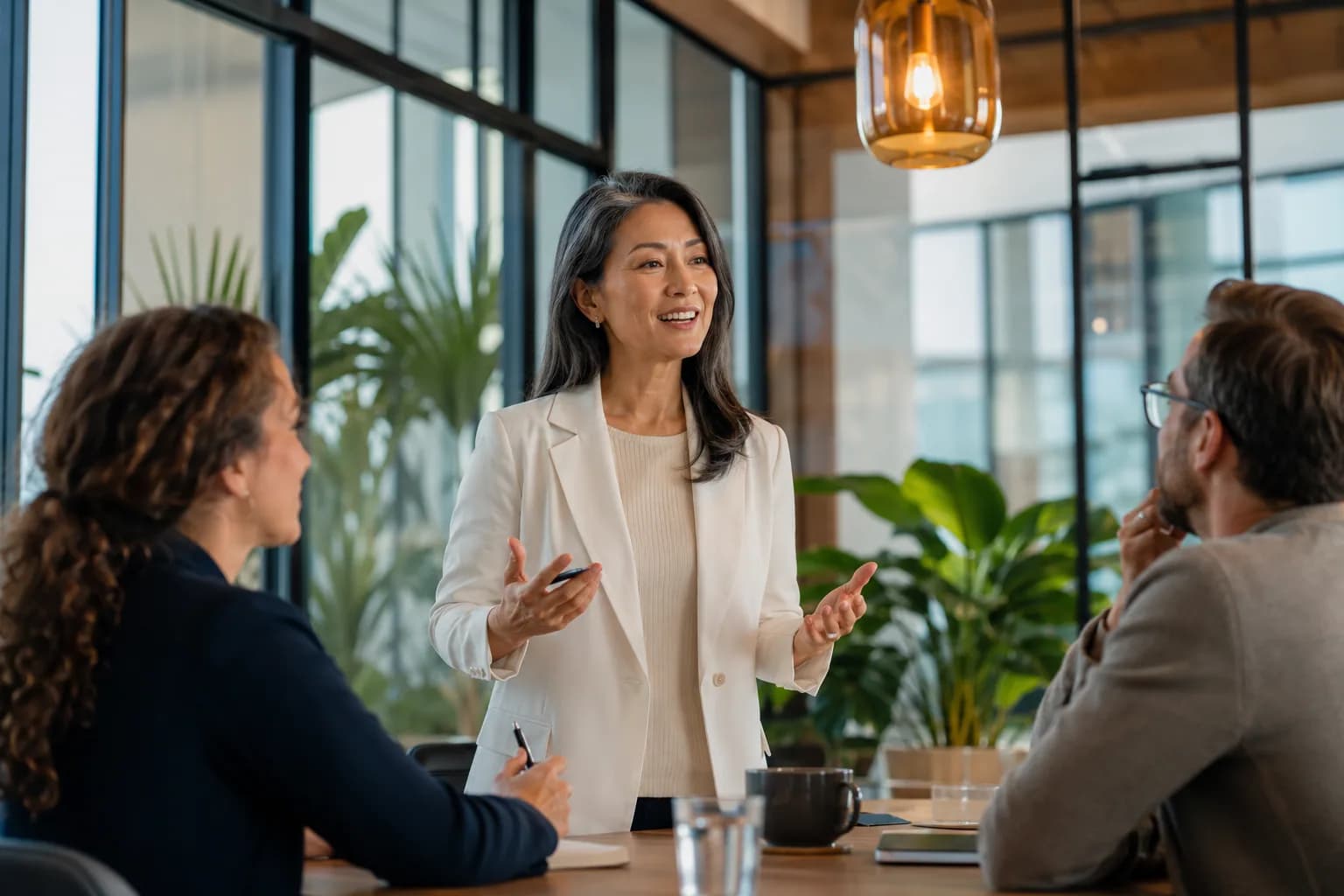 An accomplished expert confidently explaining an idea to captivated colleagues in a bright modern office, illustrating world-class skill finally being seen by the market.