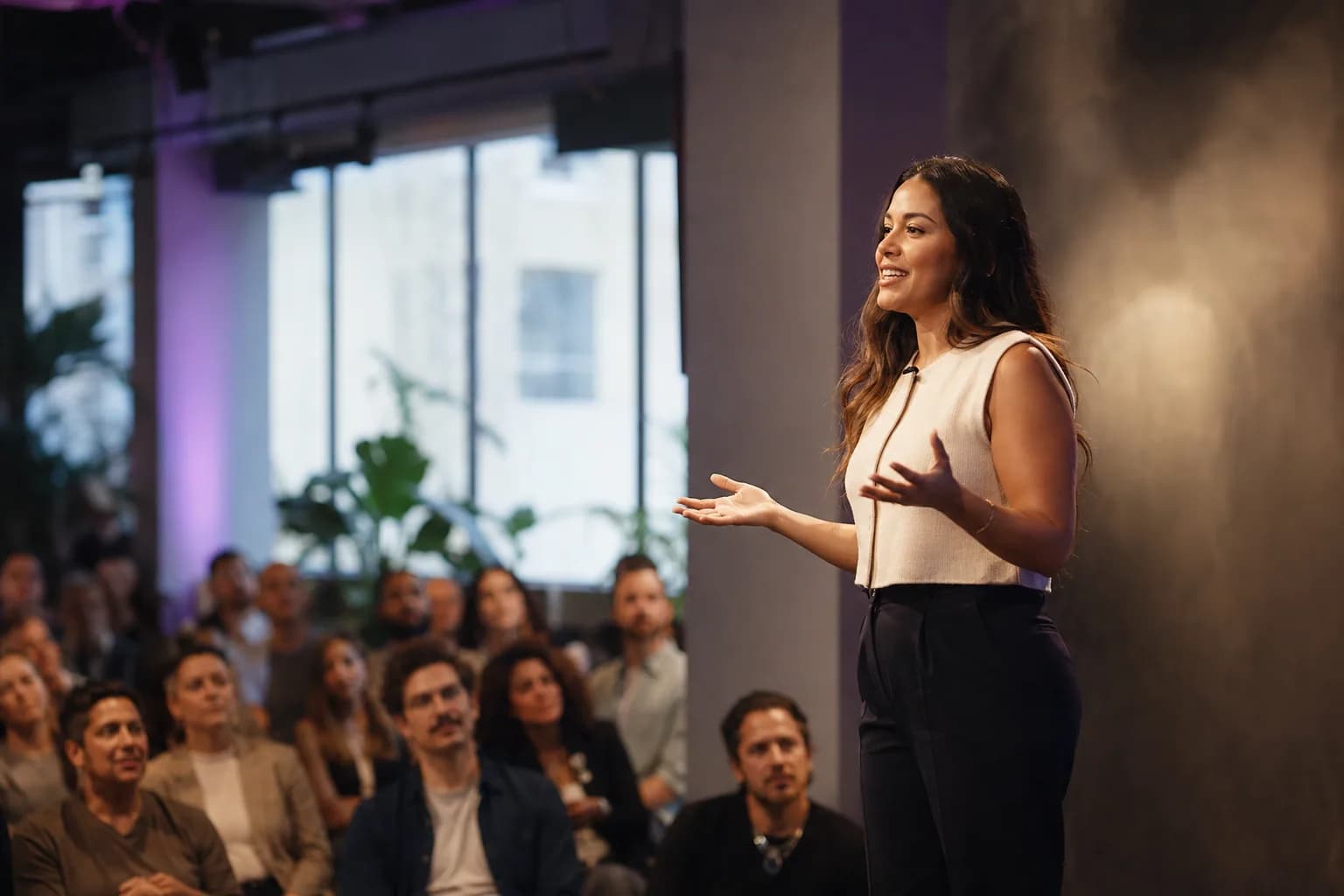 A founder energetically delivering a keynote to an engaged audience on a modern stage, one of the strategic placements that compound into a measurable visibility shift.