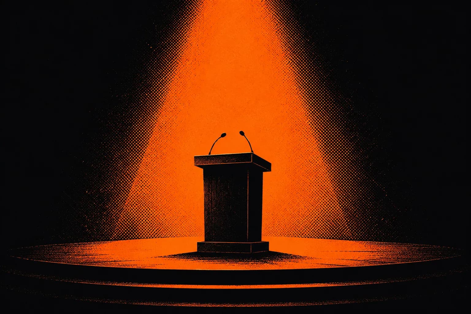 Duotone poster of a spotlight pouring onto a speaker's podium in carbon black and warm orange, symbolizing the compounding visibility that turns a best-kept secret into the obvious choice.