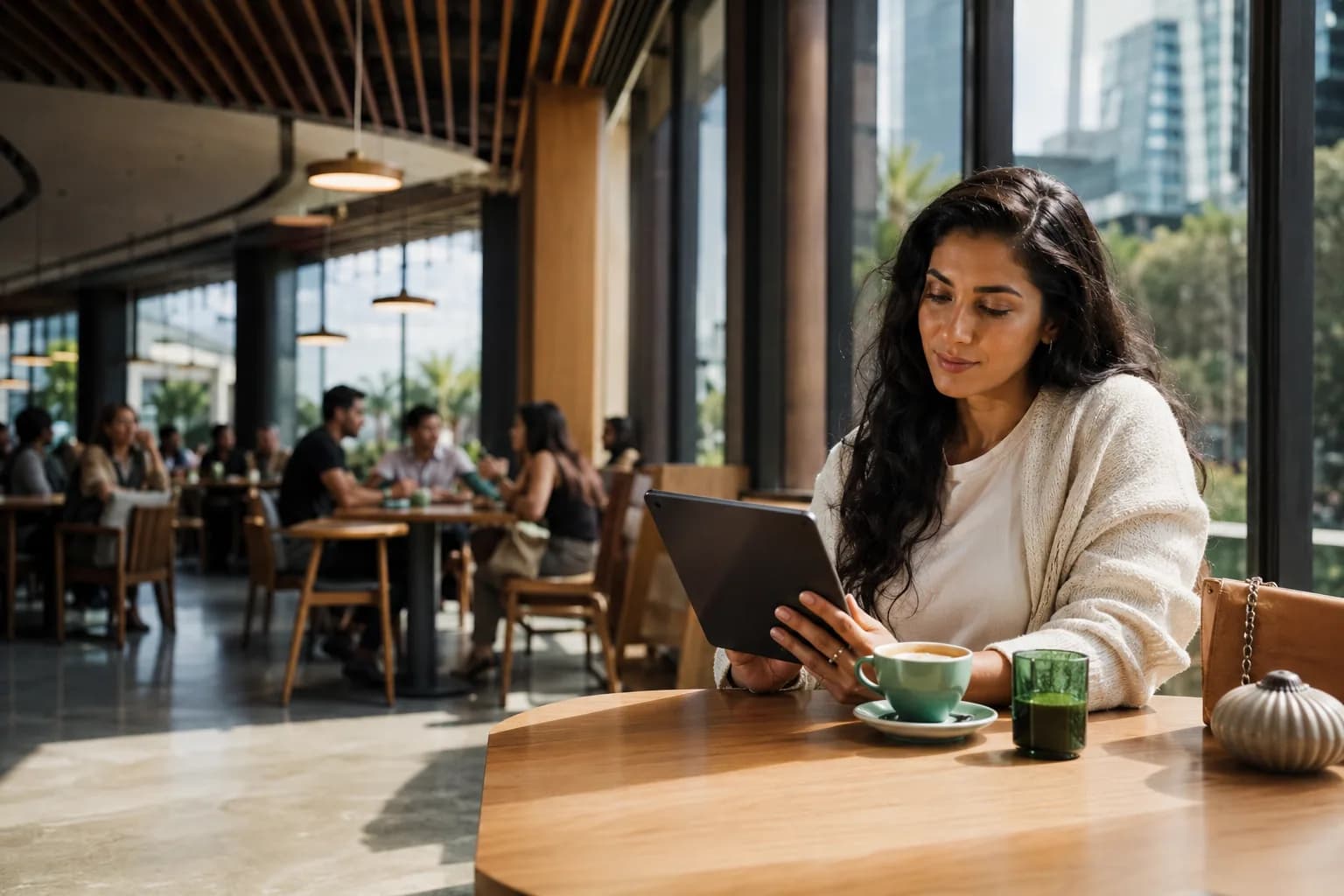 A buyer comparing options on a tablet in a bright cafe, showing the long independent research stretch where more-visible competitors quietly win the deal.