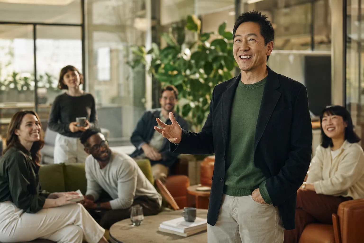 A founder confidently engaging colleagues who turn toward him with recognition in a bright modern office, illustrating an expert whose visibility finally matches his ability.