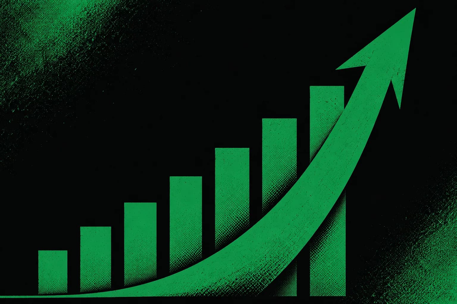 Duotone poster of rising bars and an overtaking arrow in carbon black and green, representing a capable expert's visibility climbing past more-visible competitors.