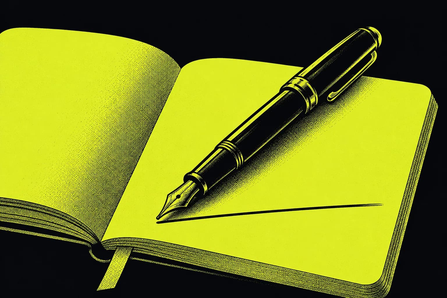 Duotone poster of a fountain pen and open notebook in carbon black and chartreuse, representing founder authority built on substance through a system rather than a creator grind.