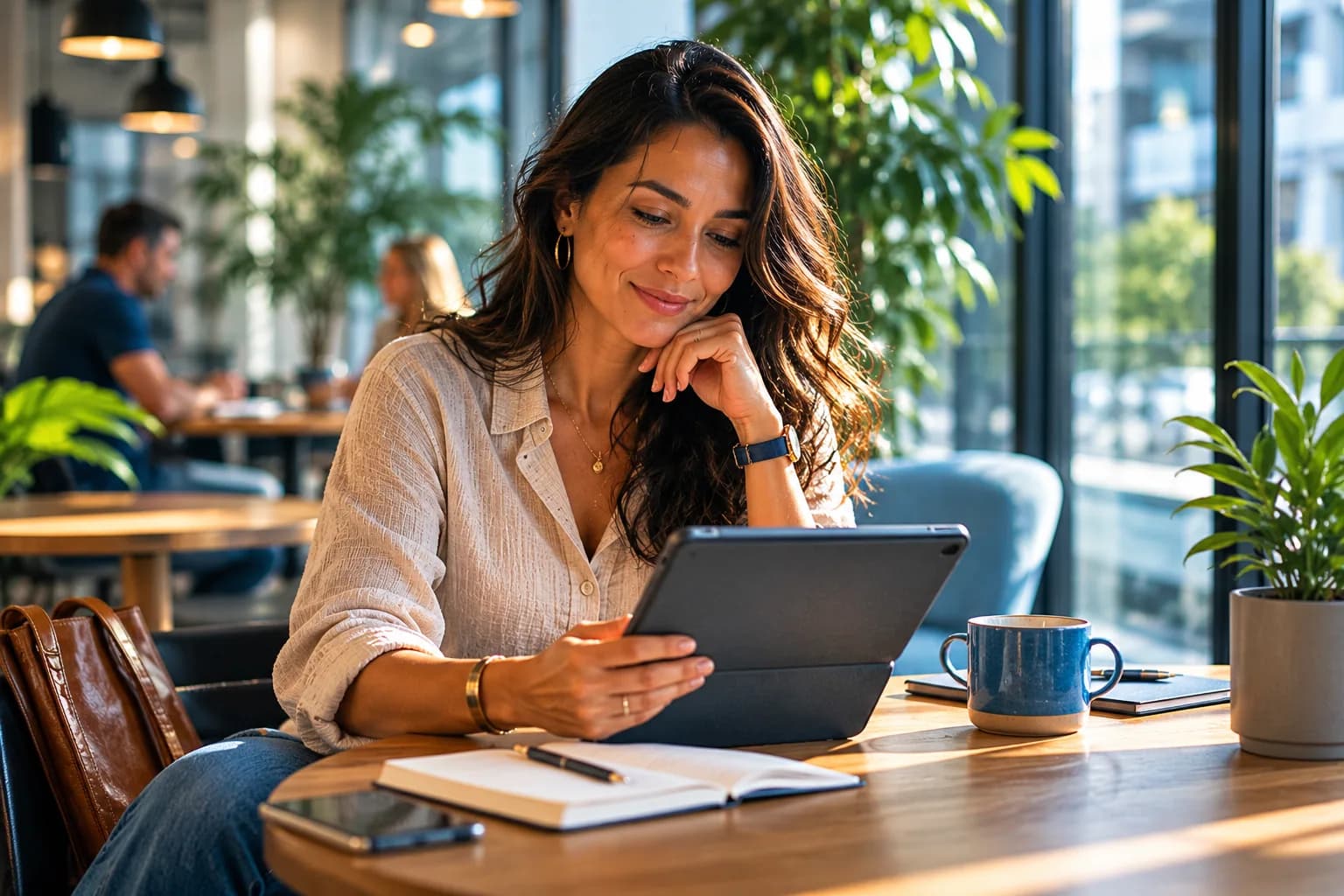 A prospective hire reading about a company's CEO on a tablet in a bright co-working lounge, showing how buyers and talent evaluate a leader before any first conversation.