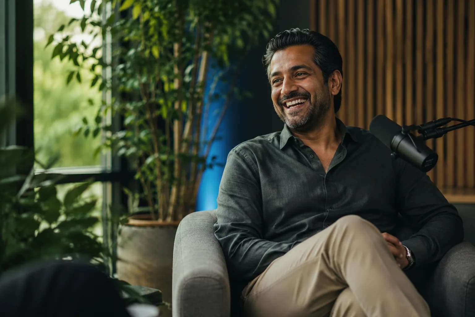 A CEO laughing mid-conversation during a podcast recording in a bright modern studio, showing how visibility converts a leader's credibility into inbound opportunity.