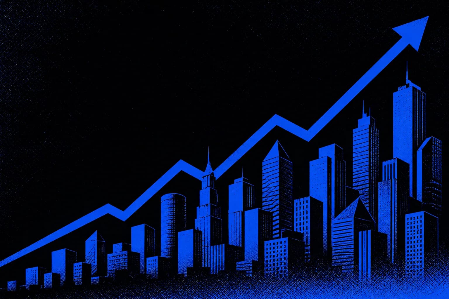 Duotone poster of a city skyline and a rising growth line in carbon black and blue, representing a CEO's personal brand compounding into company growth.
