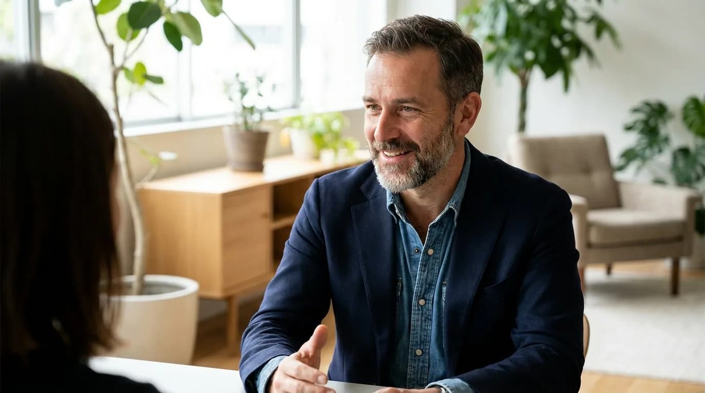 A warm, confident coach in genuine conversation with a client in a bright modern space, illustrating personal branding for coaches that builds trust before the first call.