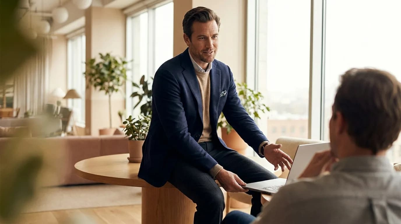 A confident consultant presenting an idea to a client in a bright modern office, illustrating personal branding for consultants that wins premium clients.