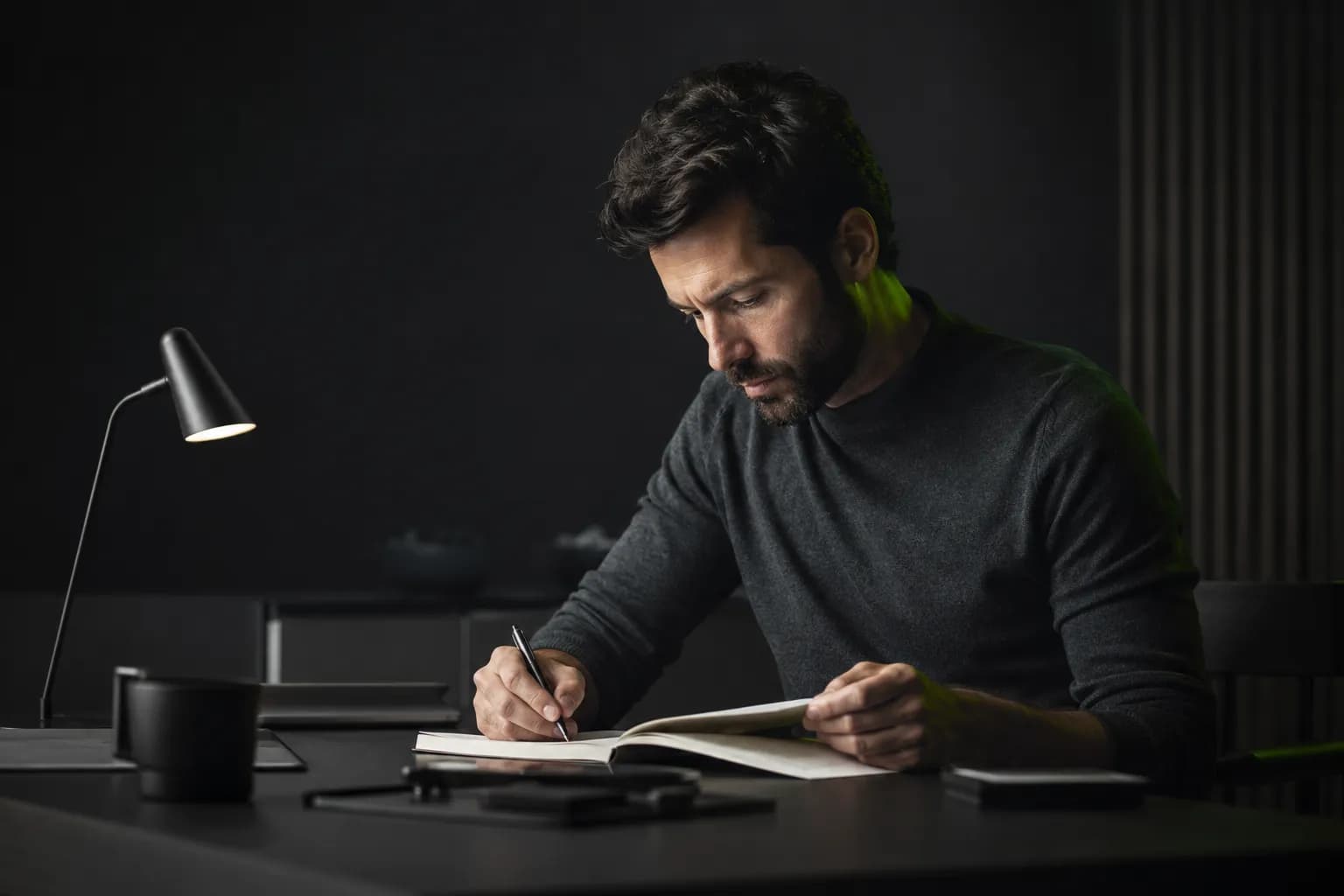A thoughtful professional writing at a quiet desk in soft light, illustrating personal branding for introverts built on depth rather than performance.