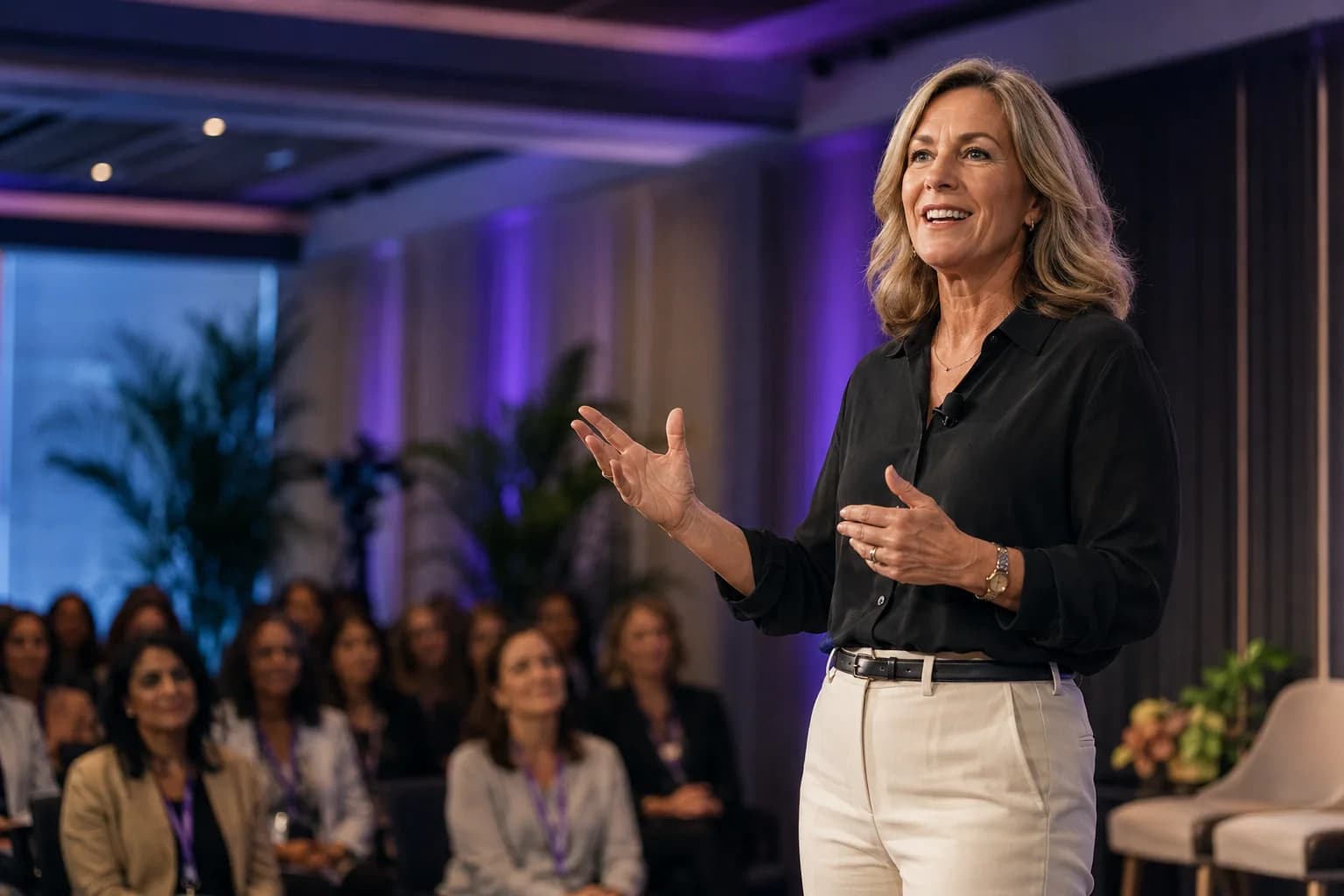 A poised keynote speaker confidently commanding a modern stage before an engaged audience, illustrating personal branding for speakers that turns expertise into bigger stages.
