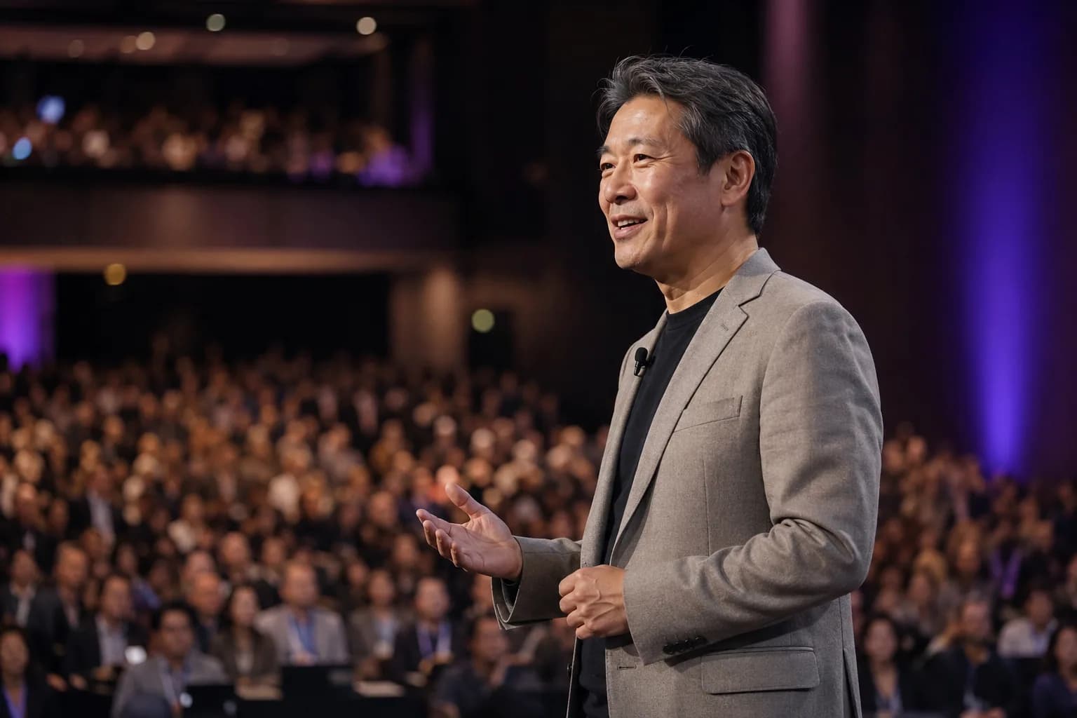 A confident speaker addressing a large audience on a bright international stage, showing the path from regional rooms to bigger stages that a speaker brand unlocks.