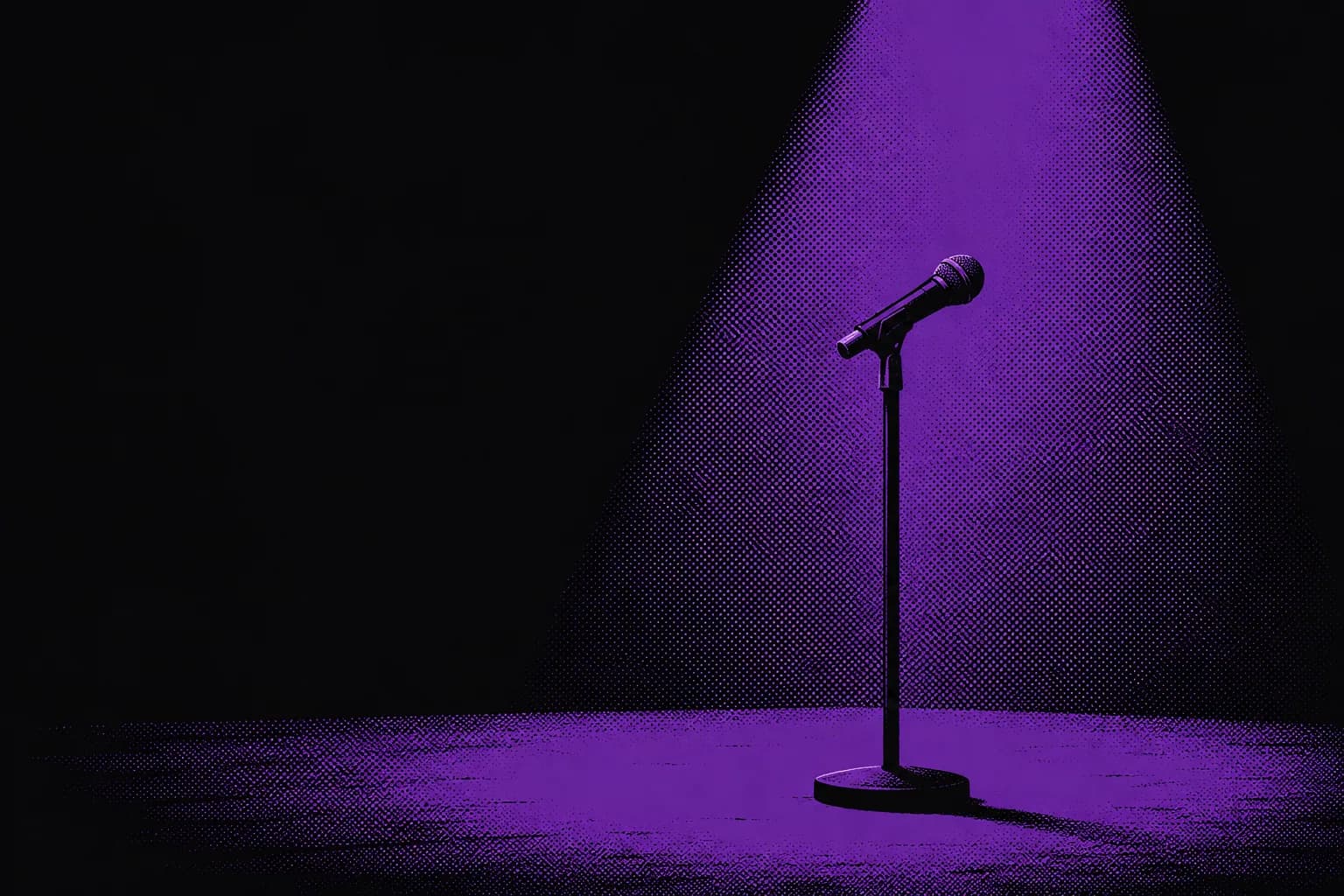 Duotone poster of a microphone under a spotlight in carbon black and purple, representing the speaker brand and kit that make a speaker bookable before the stage.
