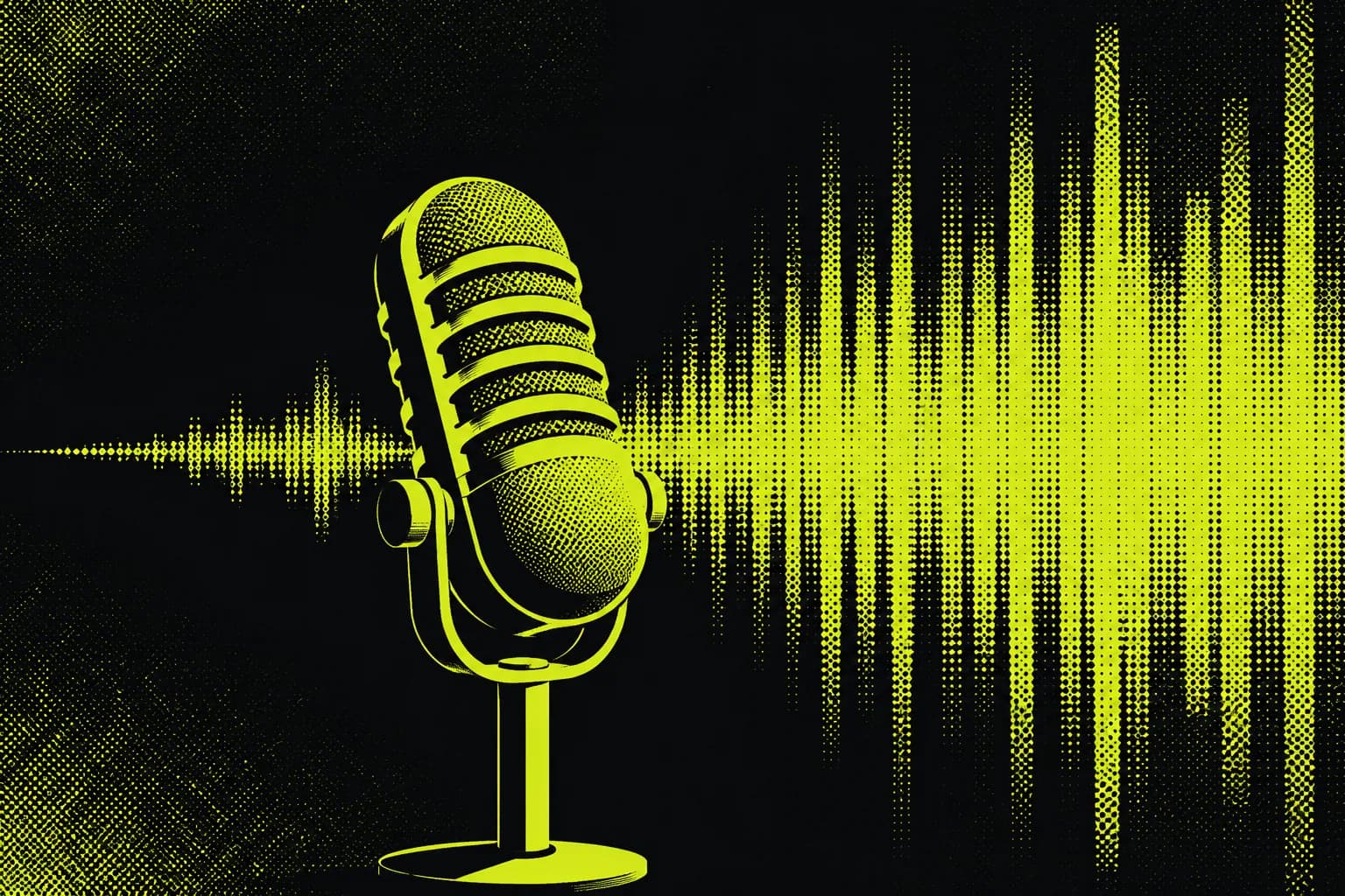 Duotone poster of a podcast microphone and radiating soundwave in carbon black and chartreuse, representing a guesting system where one recorded conversation compounds into a month of content.