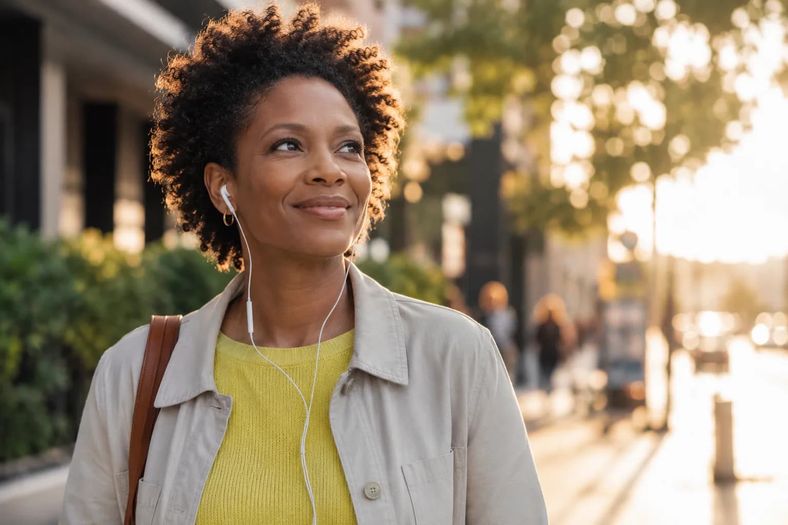 A professional listening to a podcast through earbuds on a sunlit city street, showing the deliberate, attentive audience a founder reaches through podcast guesting.