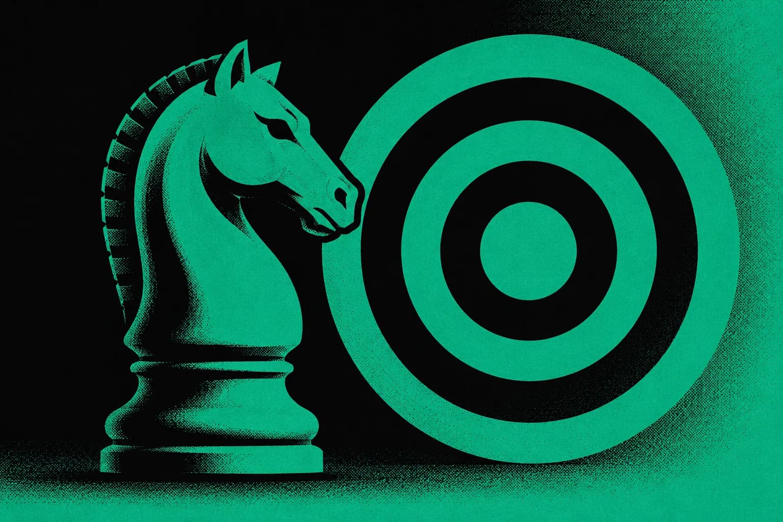 Duotone poster of a chess knight and a target in carbon black and teal, representing the sharp positioning that aims a founder at exactly the right market.