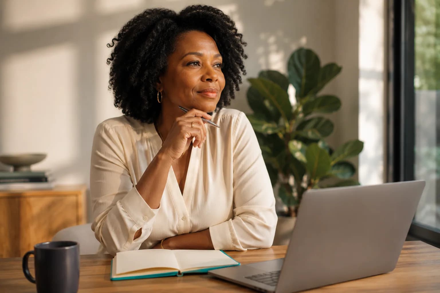 A founder in focused concentration weighing a decision at a sunlit desk, showing why positioning must be settled before visibility is amplified.