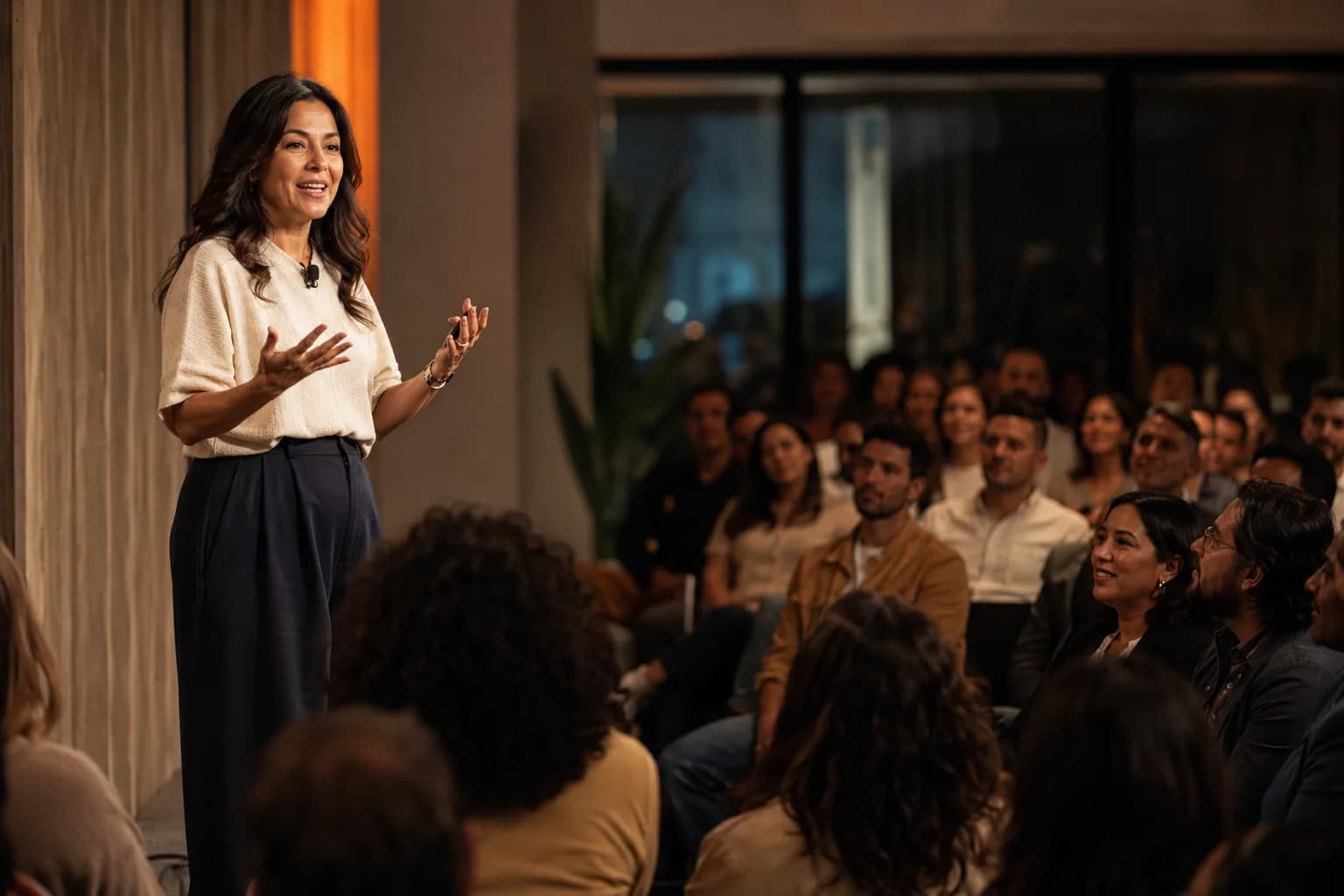 A founder energetically addressing an engaged audience from a bright modern stage, illustrating how a placement borrows an audience that is already assembled and listening.