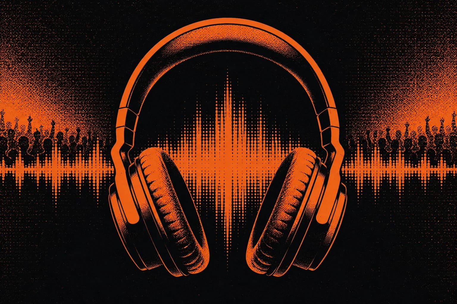 Duotone poster of headphones and a soundwave in carbon black and warm orange, representing a founder stepping into an audience that is already assembled and listening.