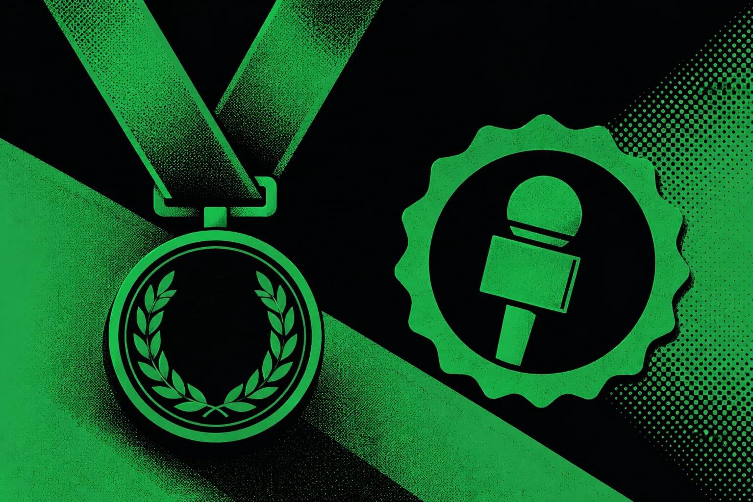 Duotone poster of an award medal and a press badge in carbon black and green, representing the system that assembles existing proof into founder credibility.