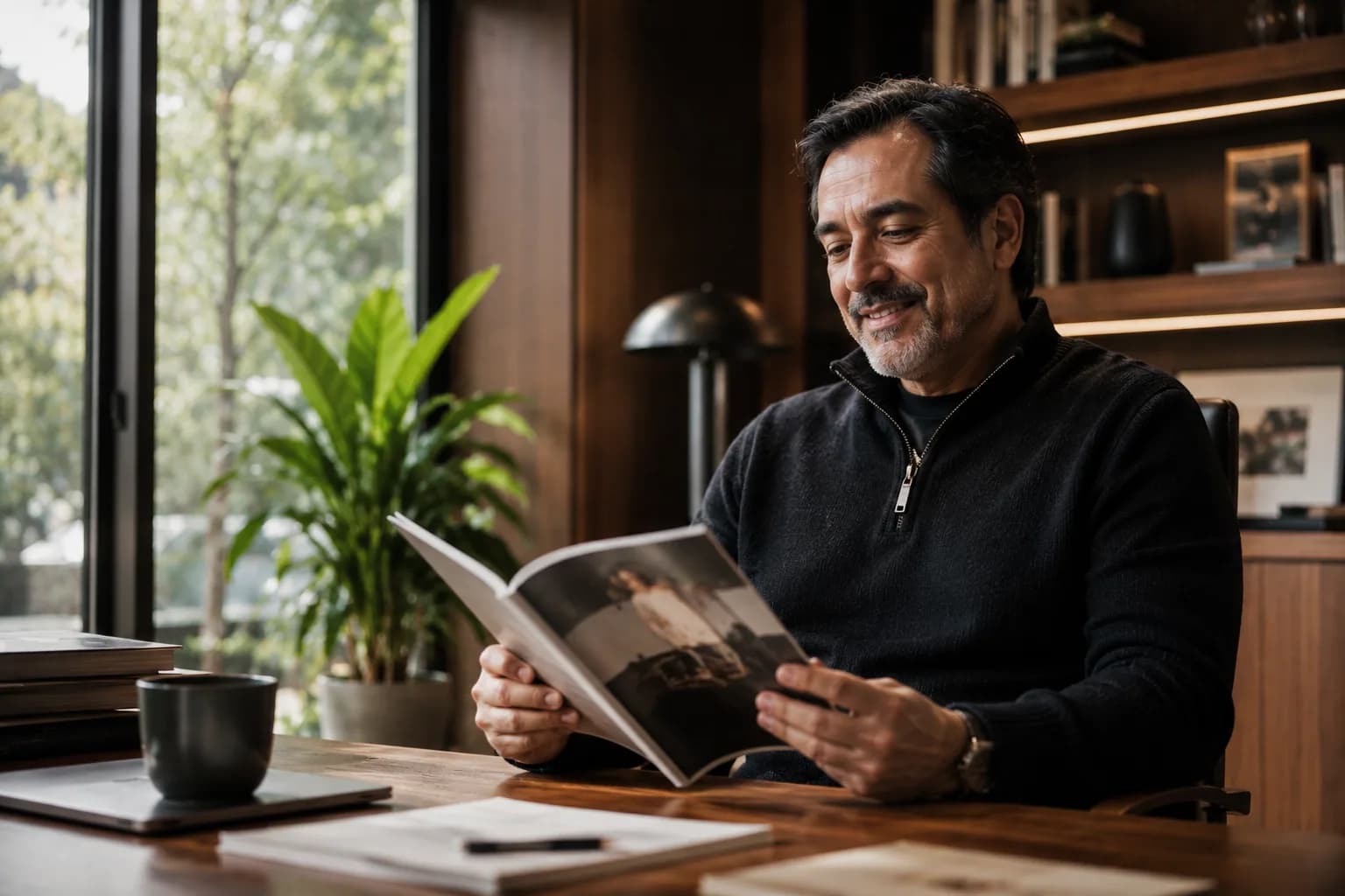 A founder studying a printed magazine feature in a bright modern study, showing how a single earned credibility asset outweighs a high volume of thin content.
