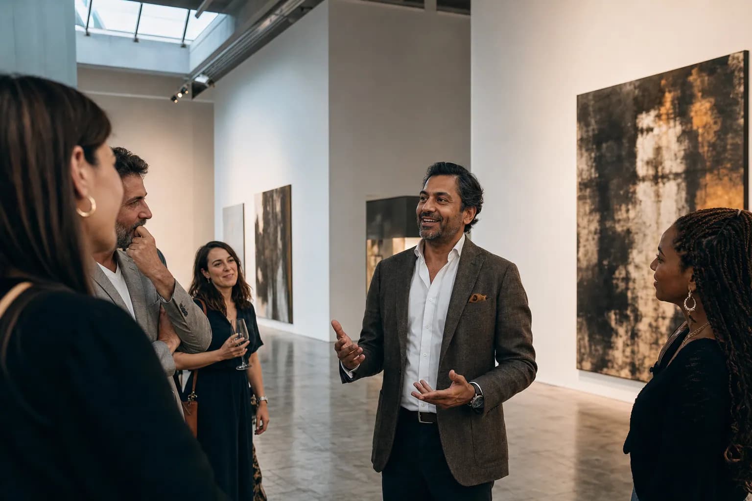 Authority positioning for founders shown as a South Asian male founder commanding a small audience in a bright modern gallery, illustrating a claimed category that makes the market recognize his expertise.