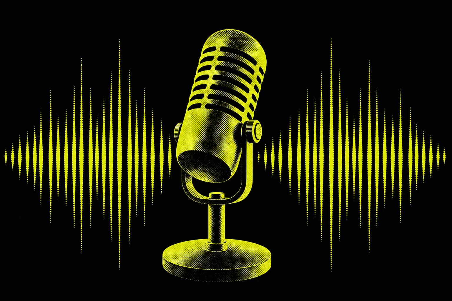Duotone poster of a podcast microphone and radiating soundwave in carbon black and chartreuse, representing a founder visibility system where one recorded conversation compounds into a month of content.