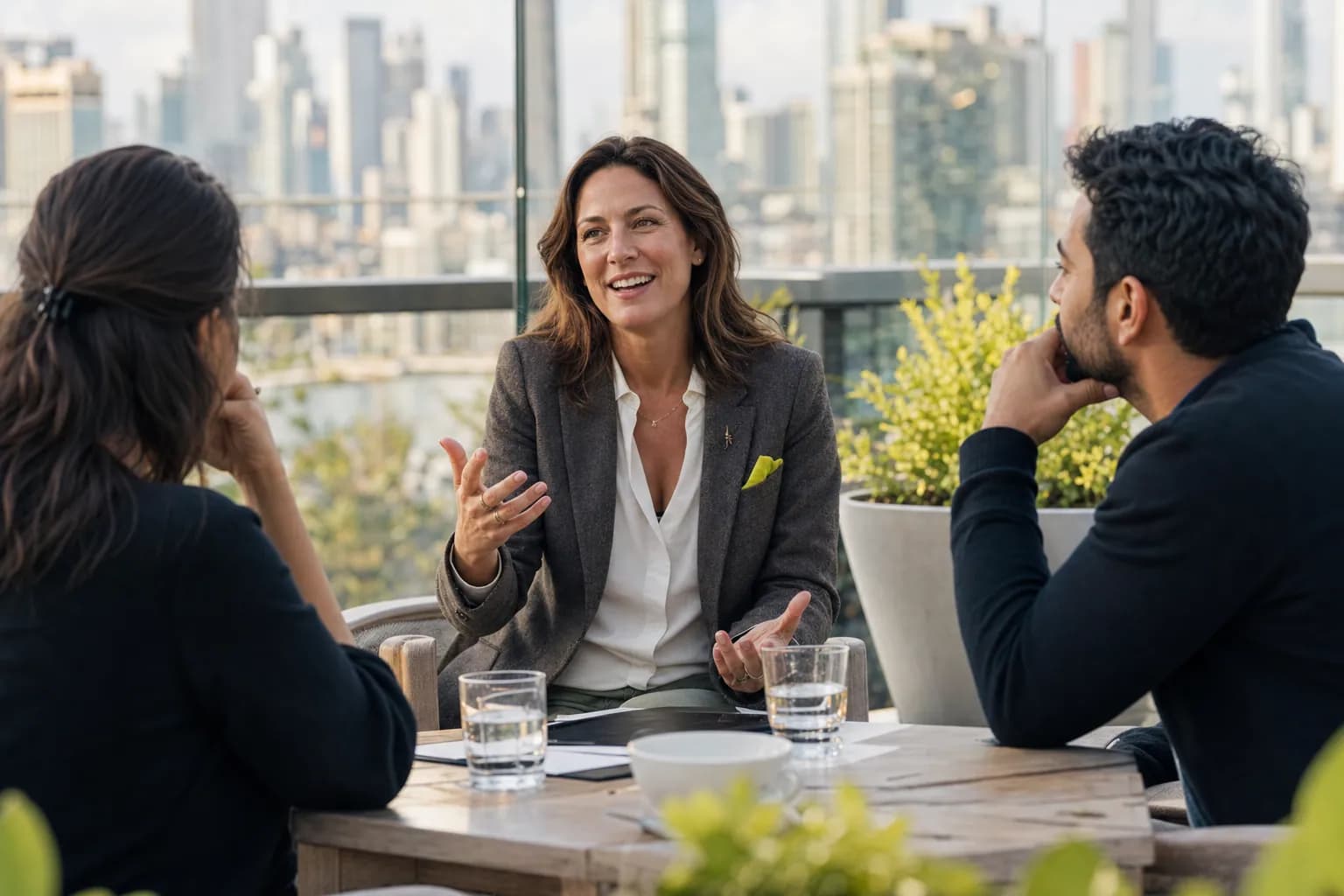 A confident female B2B founder leading an engaged strategy discussion with two colleagues on a sunlit rooftop terrace, illustrating founder visibility that builds buyer trust before the first sales call.
