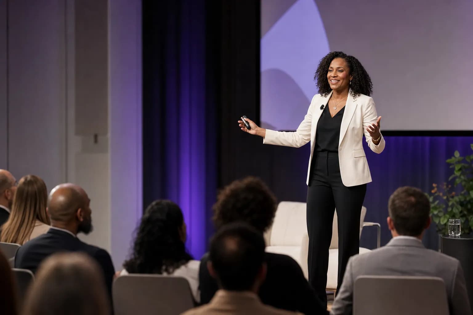 A founder delivering executive thought leadership from a bright modern keynote stage, showing the original point of view that gets a company shortlisted before a sales conversation starts.