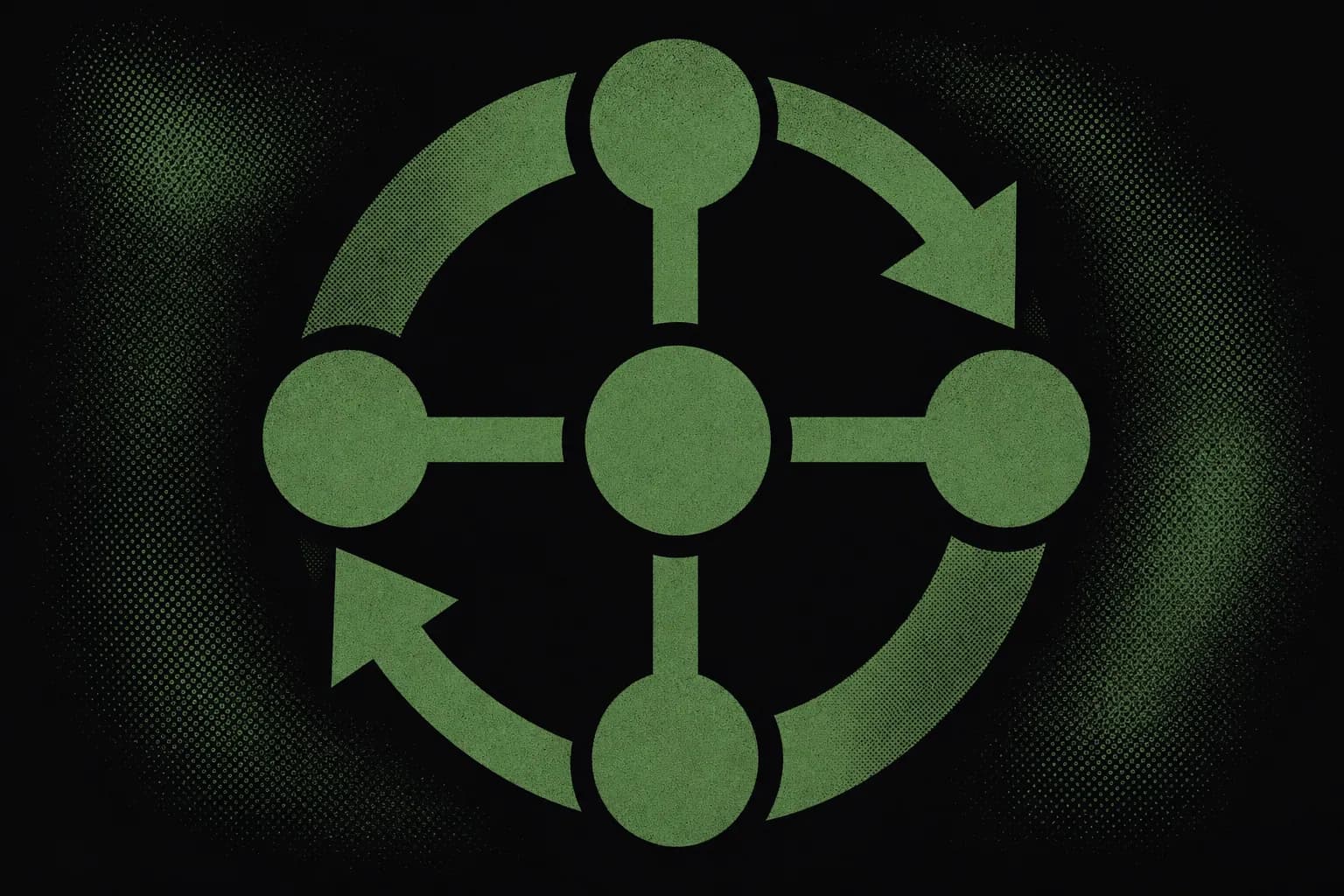 Duotone poster of a node-network flywheel in carbon black and green, representing a founder content strategy where content fuels the profile, the profile fuels bookings, and the surfaces compound.