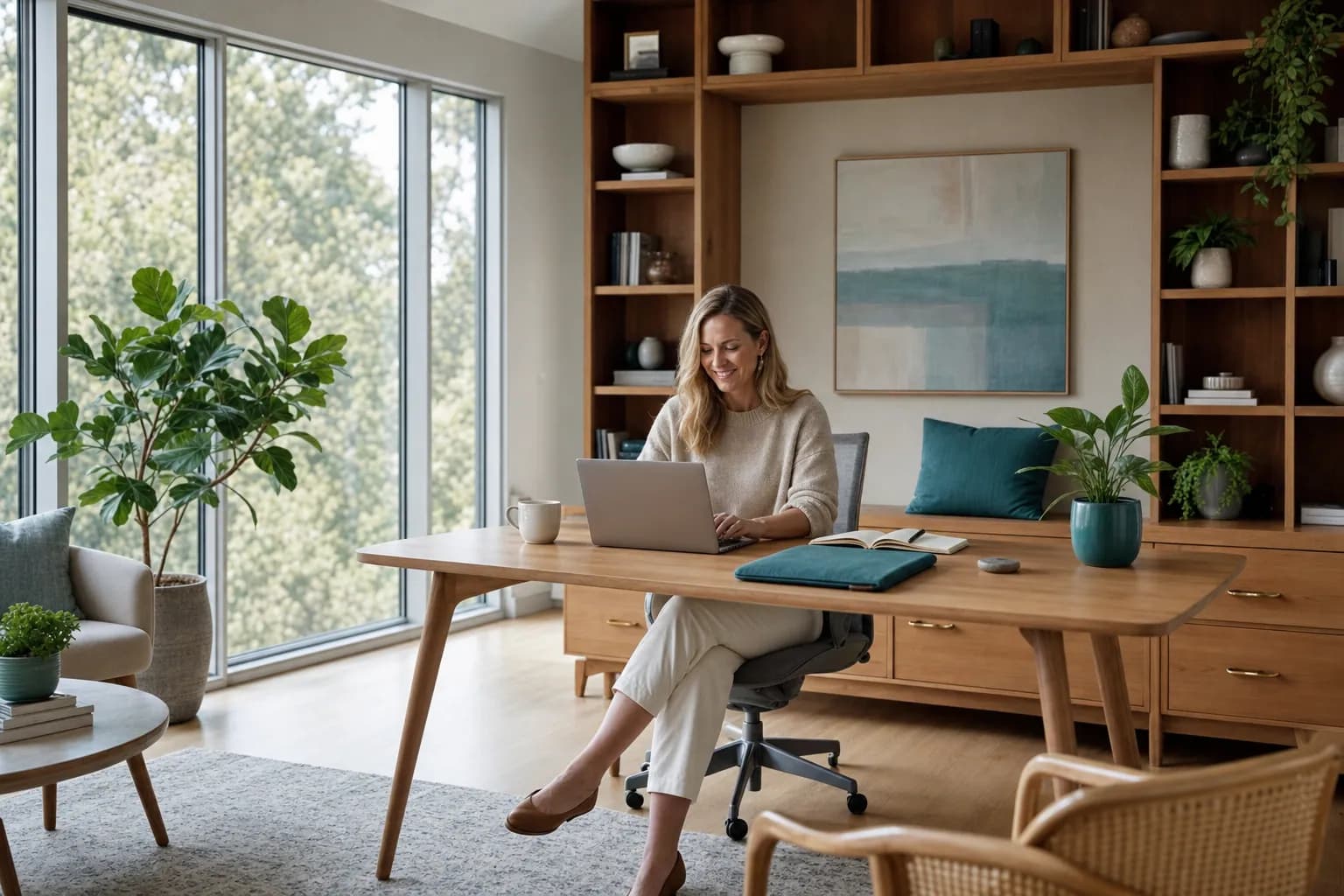 A LinkedIn ghostwriter for founders concept showing a female founder writing content at a sunlit home-office desk, illustrating a documented founder voice that posts consistently without consuming her week.