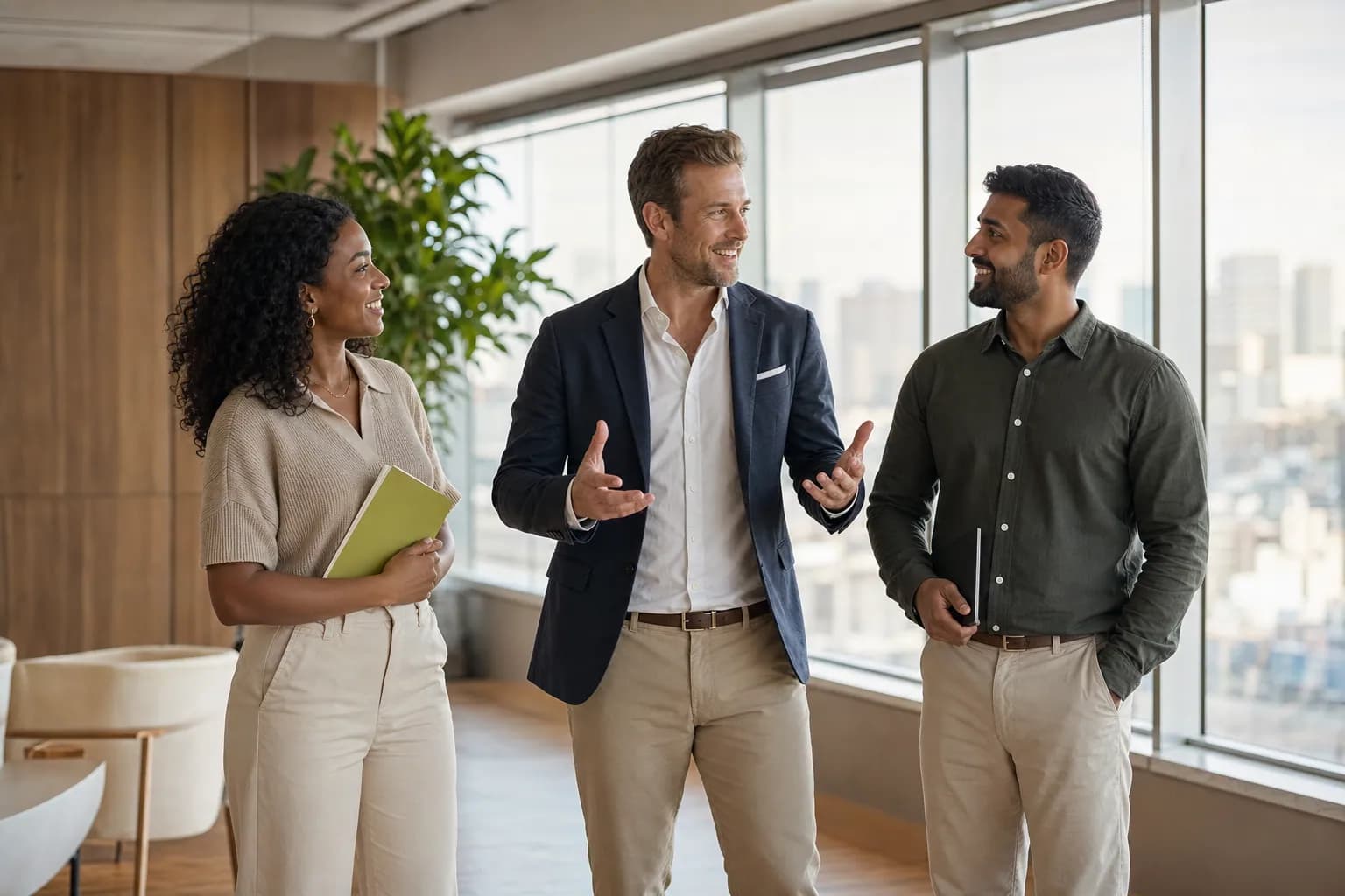 A founder personal branding agency strategy session led by a confident founder in a bright glass penthouse office, showing the visibility system that turns founder credibility into qualified pipeline.