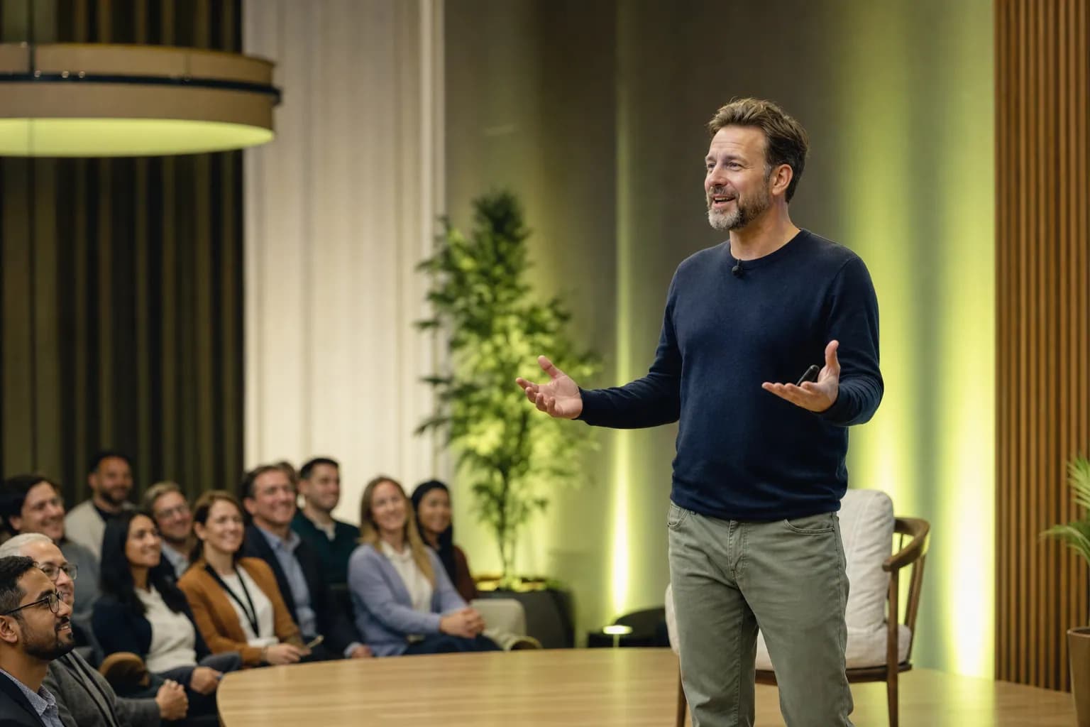 A founder delivering an engaged keynote to a professional audience, illustrating how a founder personal branding agency turns thought leadership into pipeline that compounds.