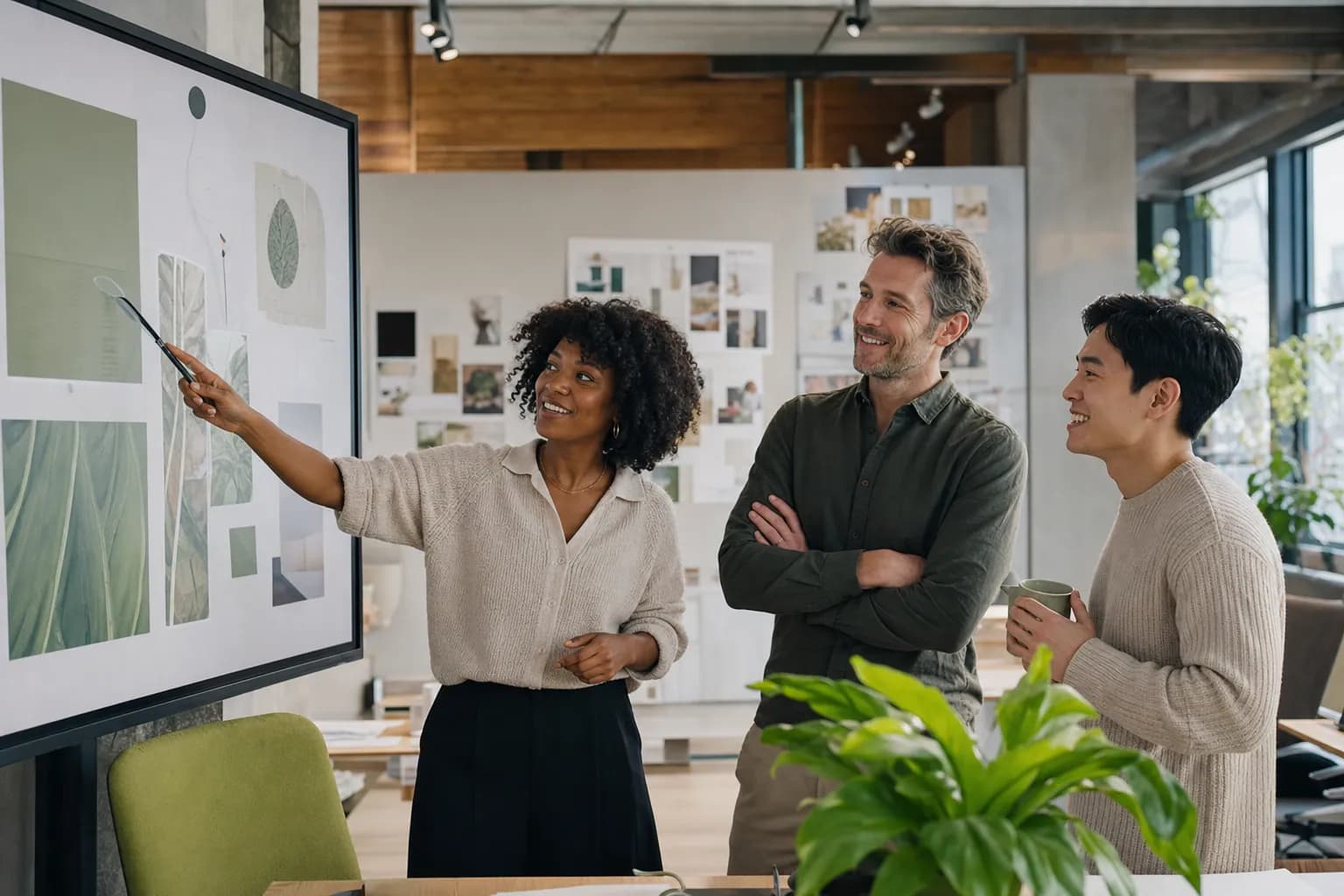 A personal branding agency team of three collaborating on a founder brand in a bright modern studio, showing the single system that builds the voice, brand, and engine together.