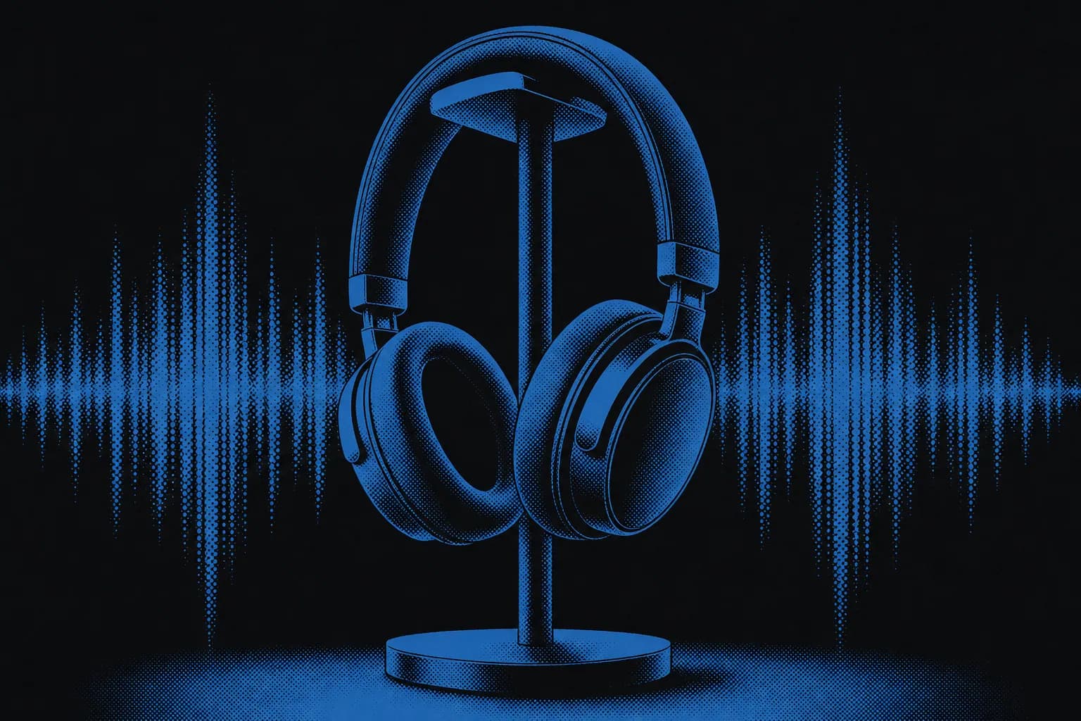 Duotone poster of studio headphones and a radiating soundwave in carbon black and blue, representing how a podcast booking agency turns one recorded conversation into a month of content.