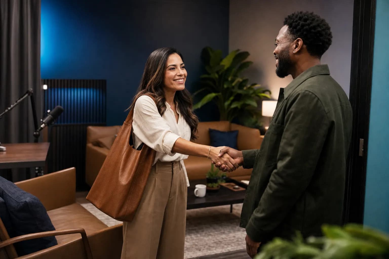 A founder welcomed backstage before a recording by a podcast booking agency producer, illustrating how curated targeting puts founders on the shows their buyers actually listen to.