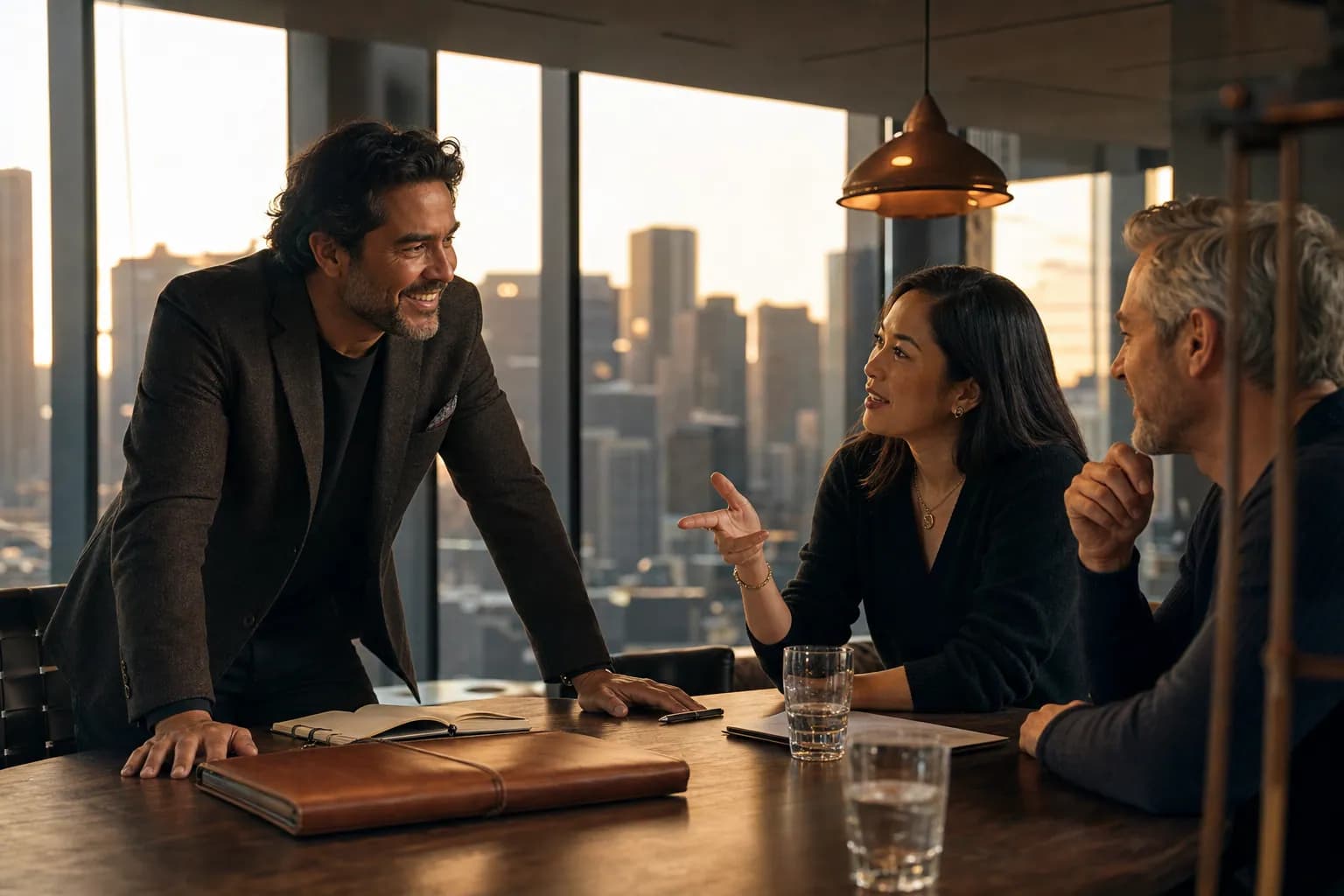 Premium brand build workshop where a Latino male founder leads a senior strategy team around a dark table, the room where a founder's brand gets decided once before any surface is produced.