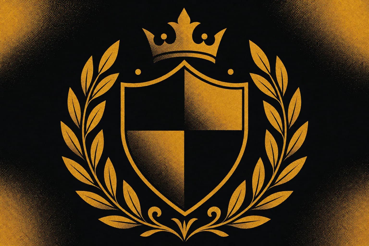 Duotone poster of a monogram crest in carbon black and amber-gold, representing a premium brand build where a documented identity stays consistent across every surface for years.