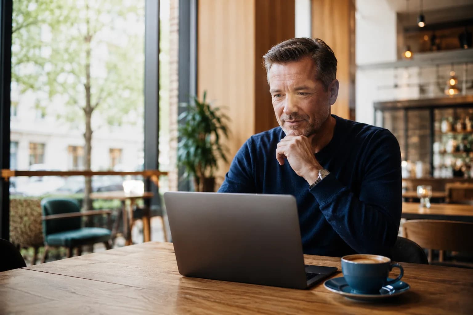 A buyer evaluating options on a laptop in a bright cafe, showing how buyers quietly decide who to trust before any first conversation.