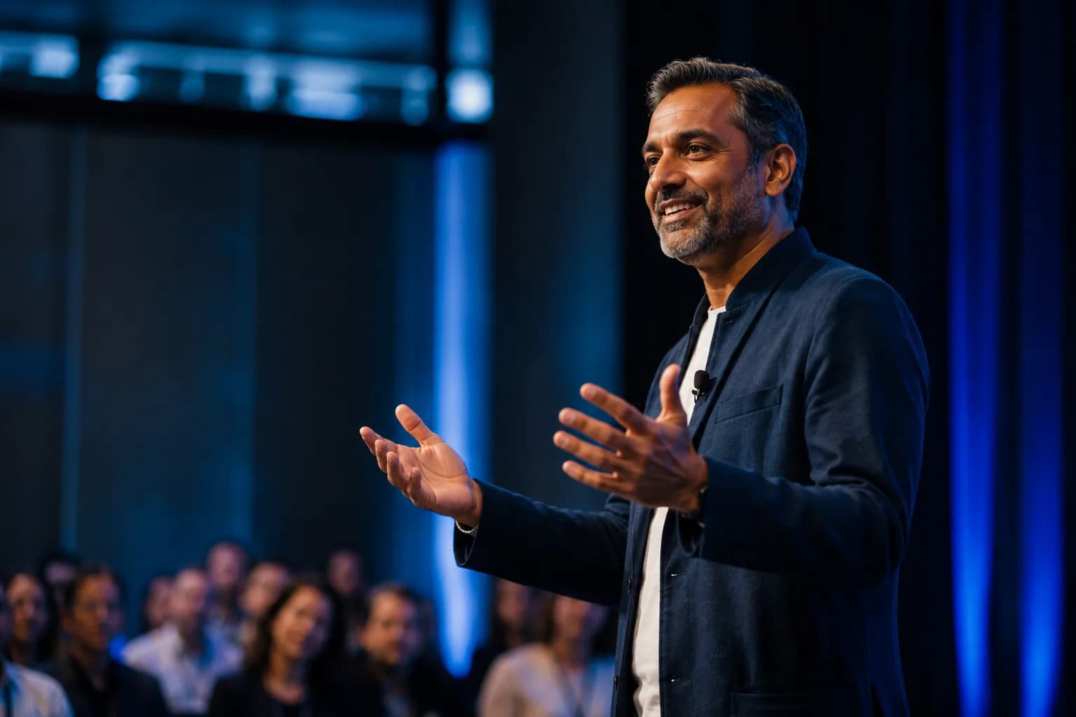 A speaker energetically addressing an engaged audience from a bright modern stage, showing how visible expertise converts a reputation into inbound opportunity.