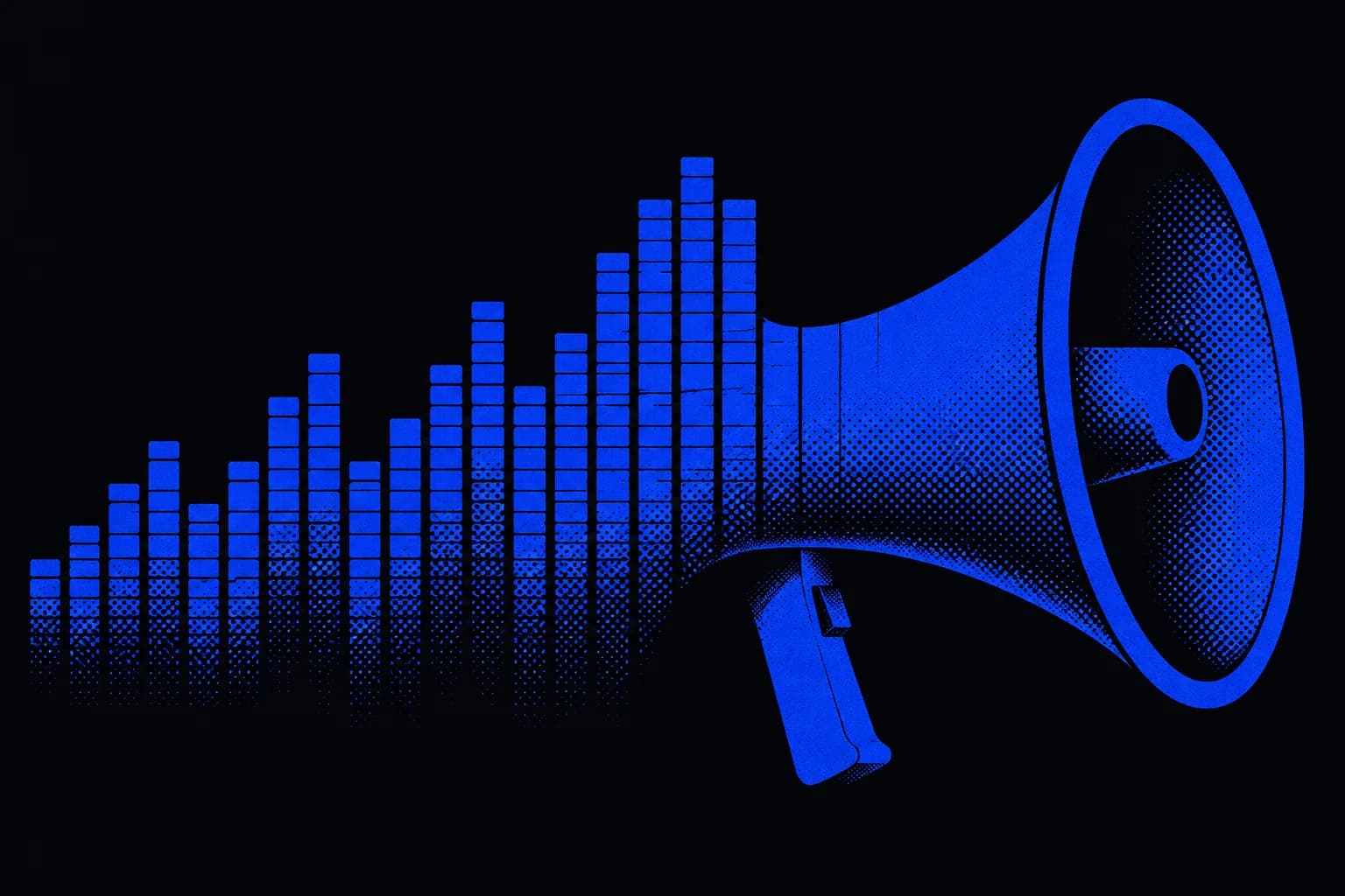 Duotone poster of a rising soundwave and a megaphone in carbon black and blue, representing the documented-voice system that makes real expertise finally heard.