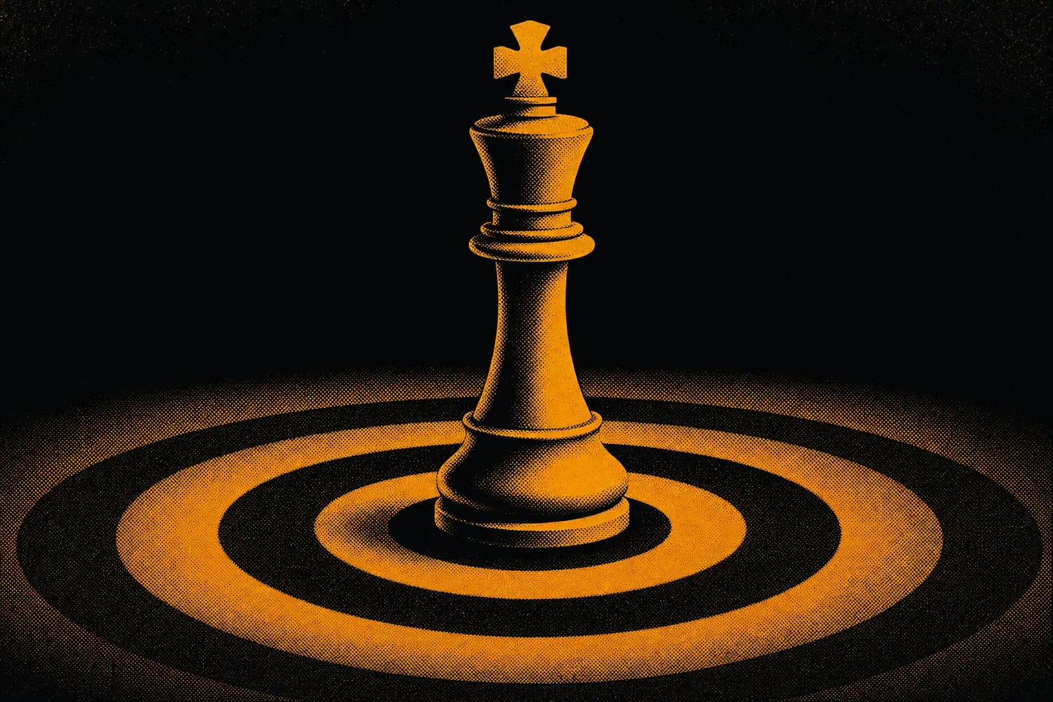 Duotone poster of a chess king on a target in carbon black and amber, representing authority positioning for founders claiming a defensible category buyers recognize.