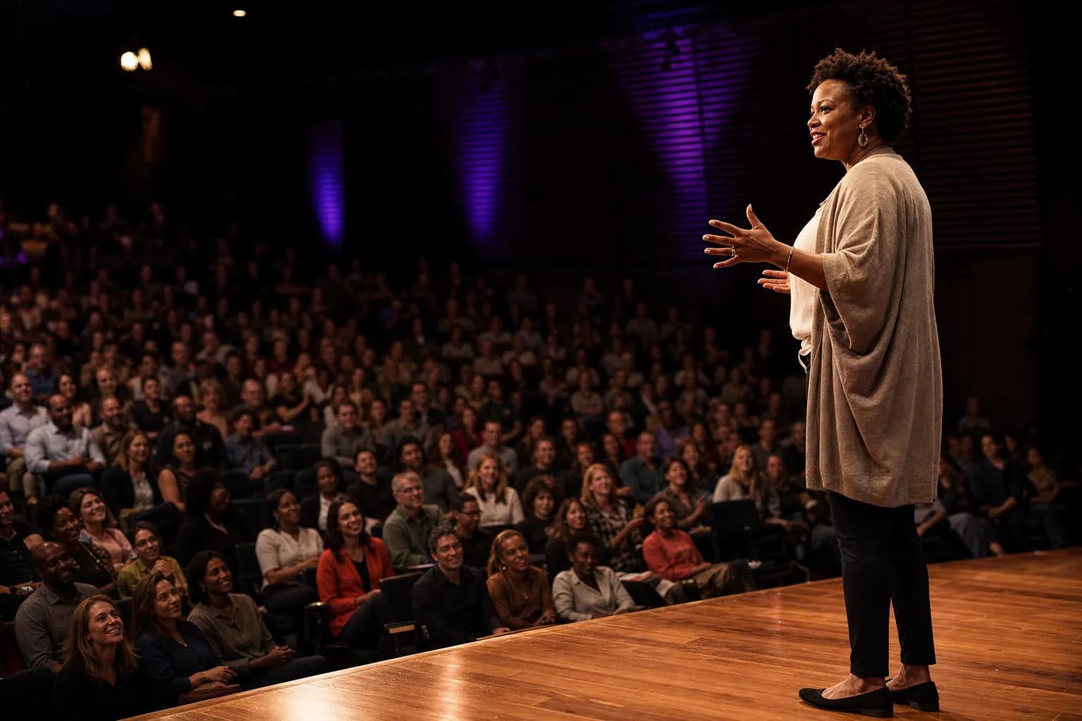 A founder presenting executive thought leadership to a packed auditorium, illustrating how a consistent point of view builds trust with the 95 percent of buyers not yet in market.
