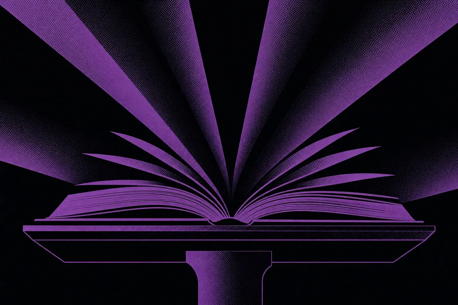 Duotone poster of an open book on a lectern in carbon black and purple, representing executive thought leadership that documents a founder's voice and publishes it where buyers decide.