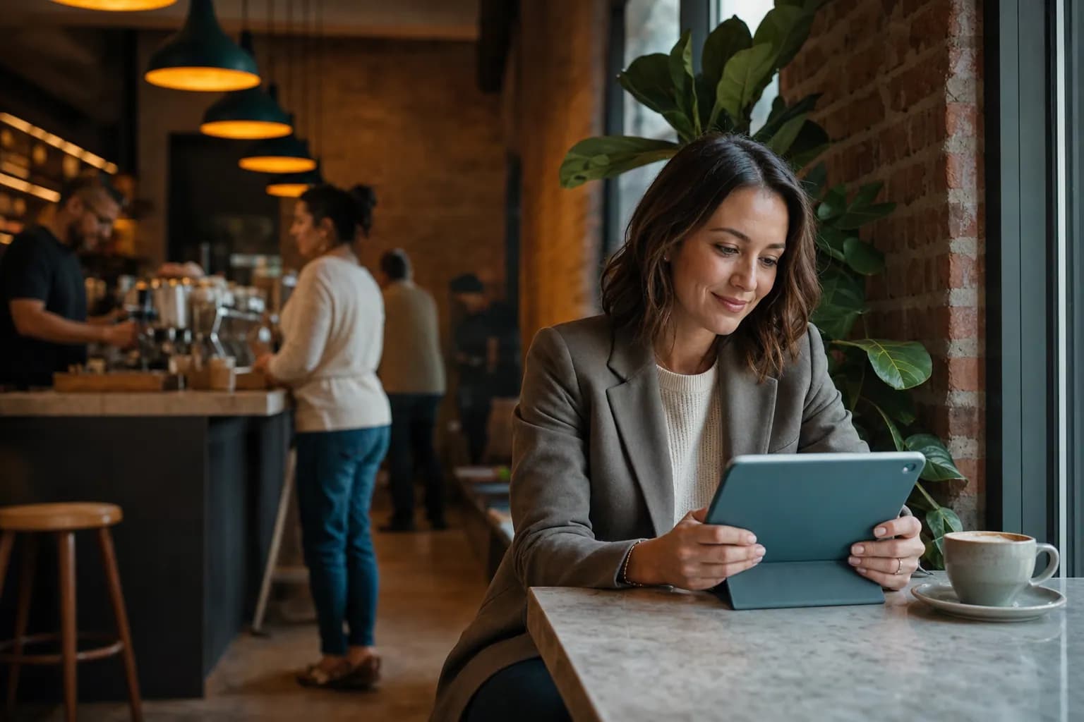 A founder using a LinkedIn ghostwriter for founders approves a batch of posts on a tablet in a warm cafe, showing how batch approval moves the content work off the founder's calendar.