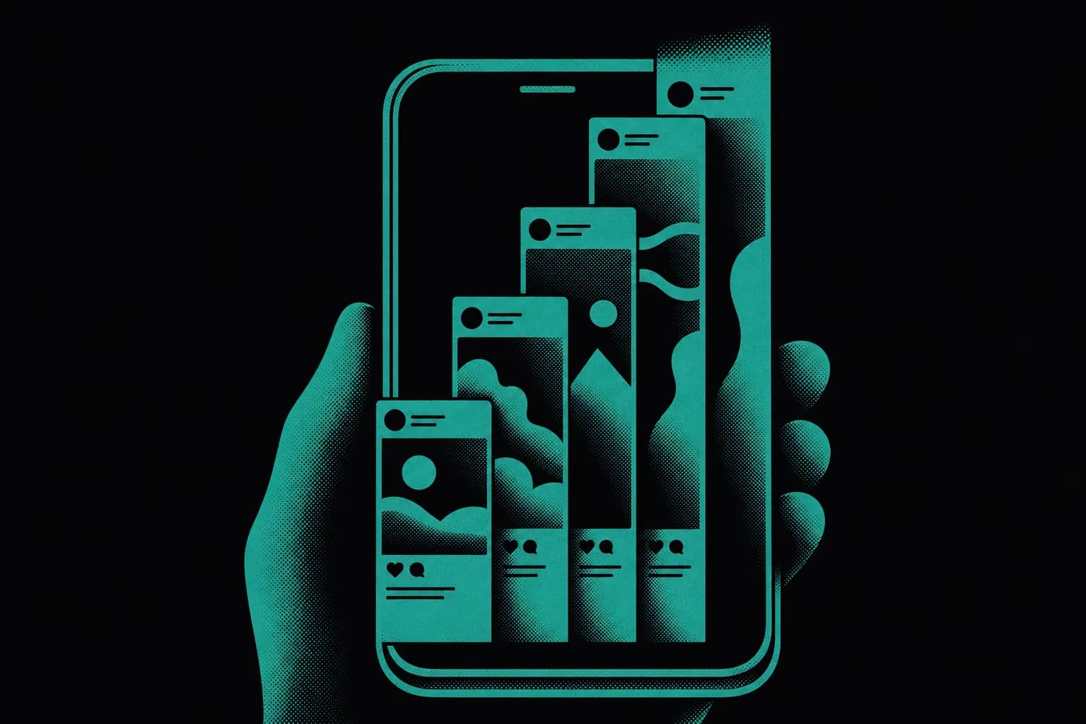 Duotone poster of a smartphone with a rising feed of content in carbon black and teal, representing a LinkedIn ghostwriter for founders building pipeline through consistent posting.