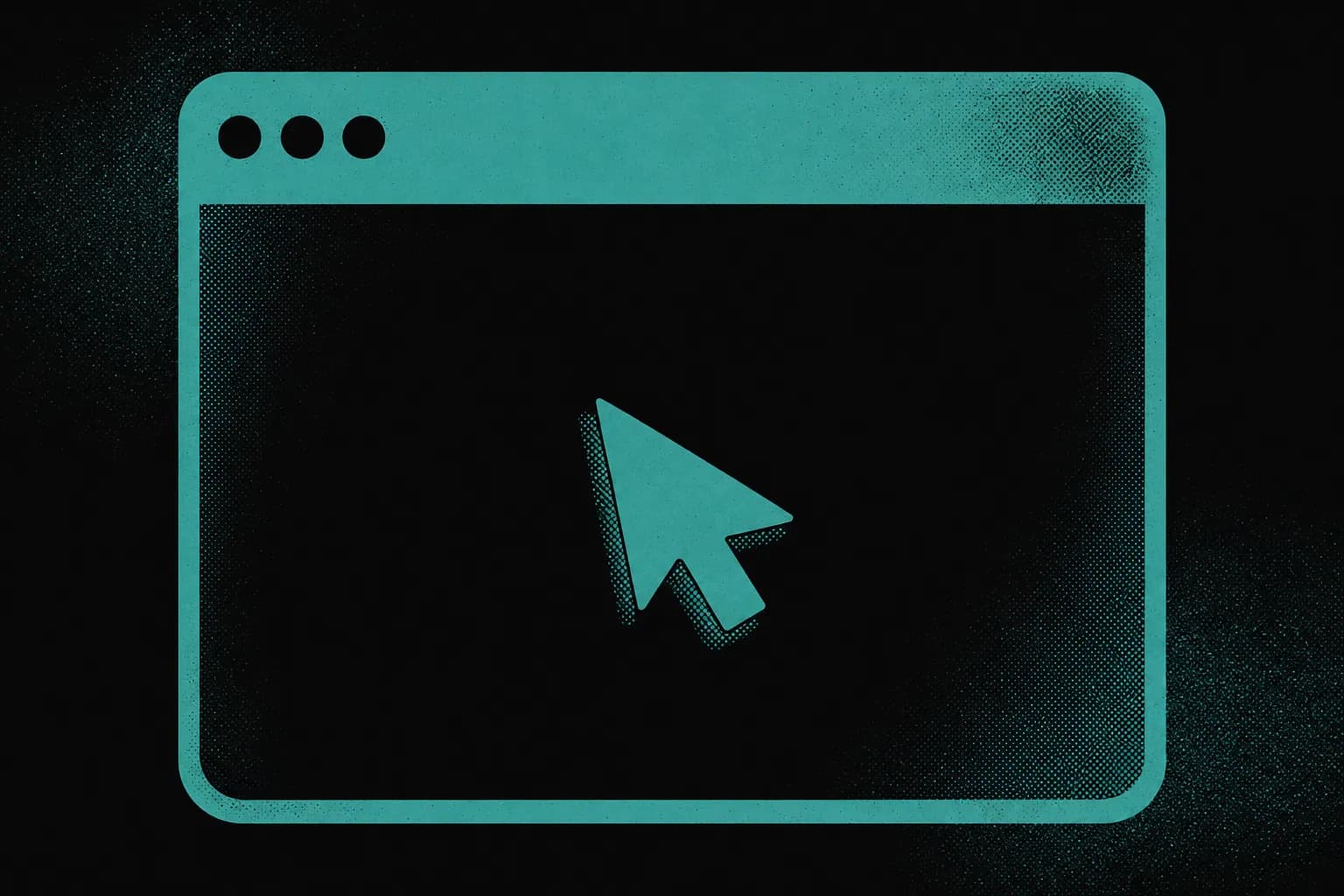 Duotone poster of a browser window and cursor in carbon black and teal, representing personal brand website design as the first credibility signal a buyer reads before a single word.
