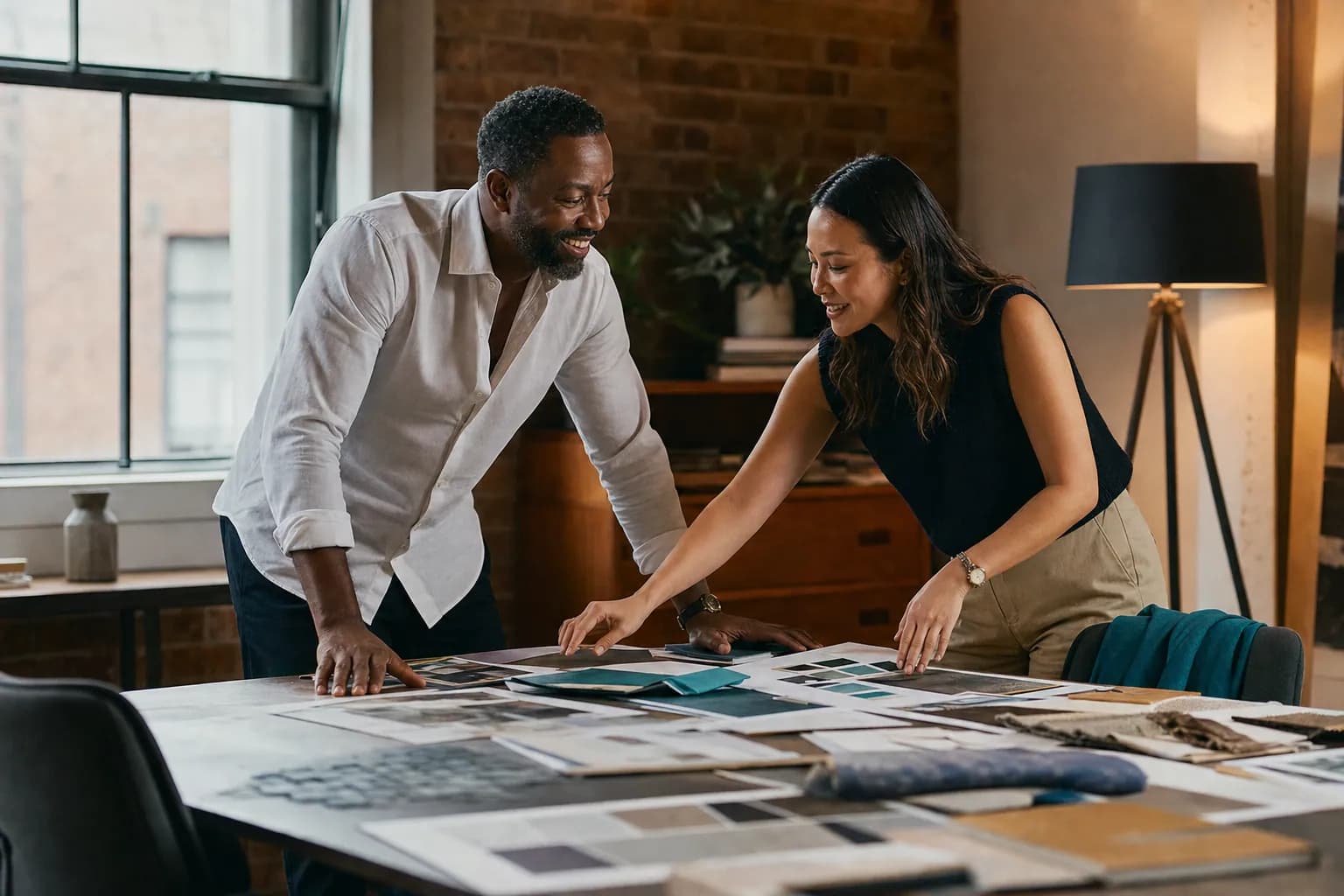 Personal brand website design build where a Black male founder and a strategist review printed identity boards and color swatches in a warm studio, turning a documented brand into a custom visual system.